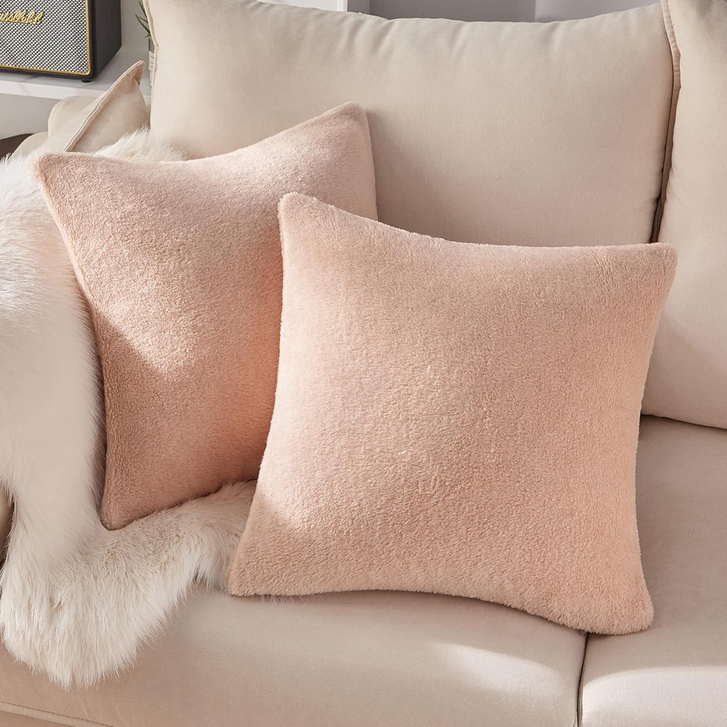 Juego de 2 fundas de almohada de sherpa, acogedoras y esponjosas, fundas de cojín decorativas para sofá, cama, almohadas decorativas, 18 x 18
