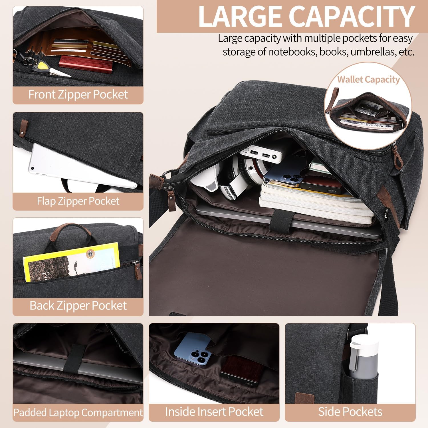 Nerlion – Bolsa tipo mensajero para hombre de 17 a 17.3 pulgadas, bolsa de lona resistente al agua, bolsa de hombro, maletín de trabajo escolar,