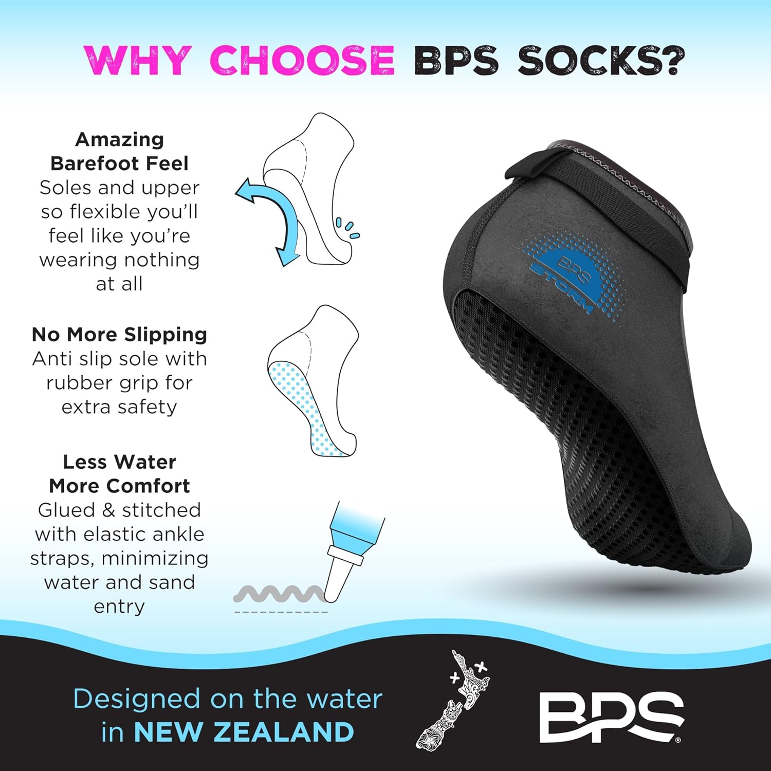 Calcetín BPS ‘Storm Sock’ ultra premium para aletas de agua (corte bajo, unisex) 0.118pulgadas de neopreno pegado y cosido ciego con correas de