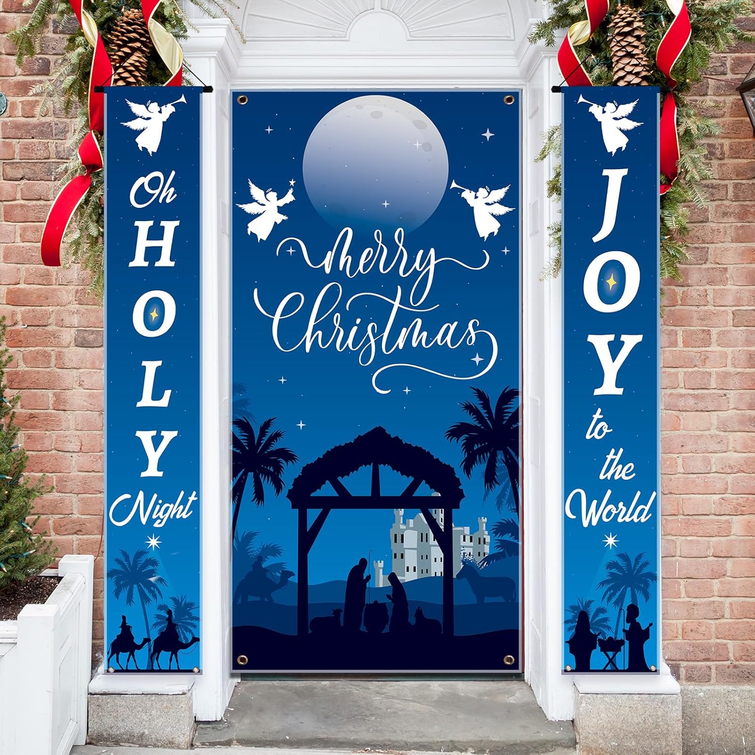 3 carteles iluminados de Navidad con luz de noche santa y alegría al mundo, pesebre al aire libre, Navidad, porche, con cadena de luces LED,