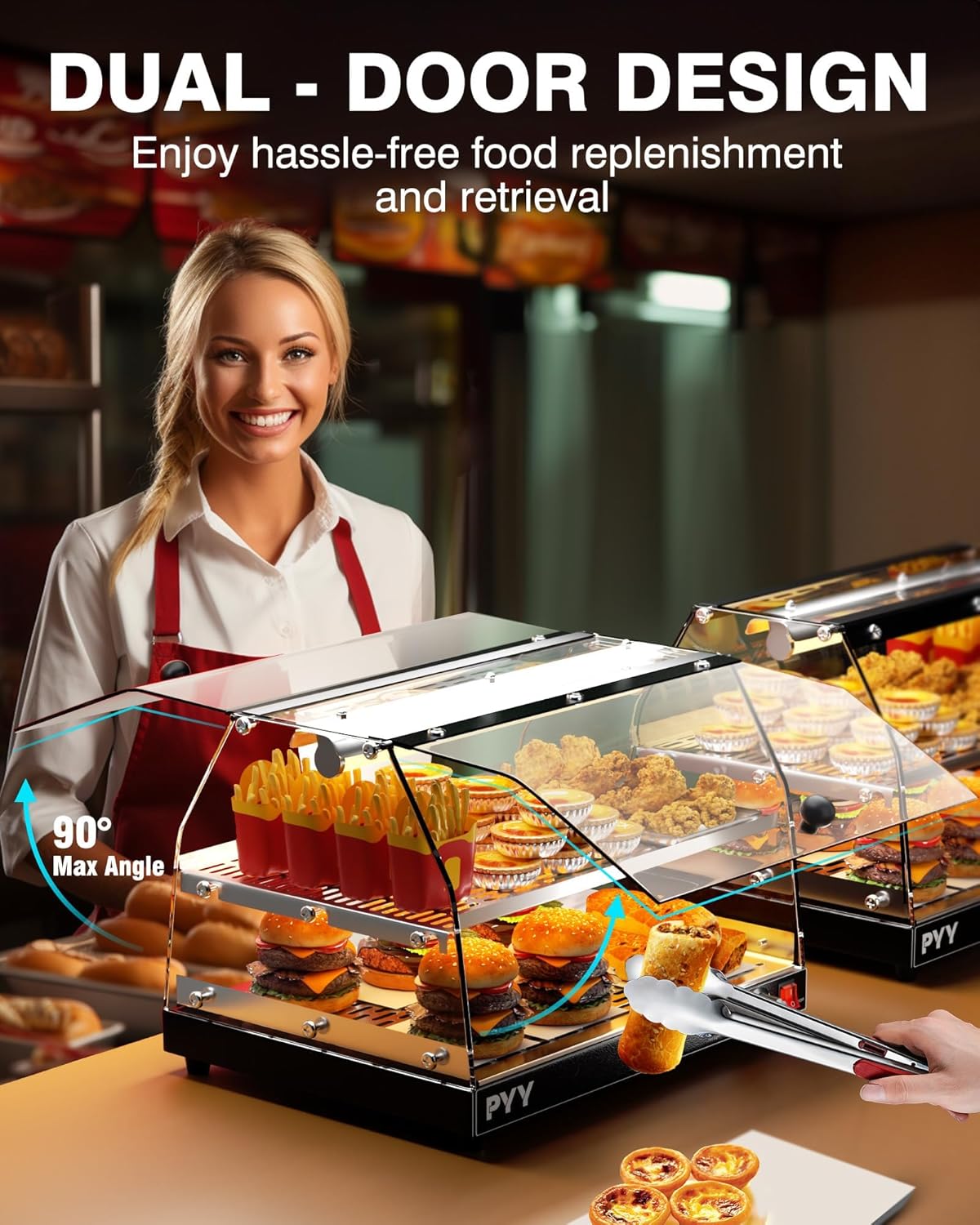 PYY Calentador de alimentos comercial para encimera, calentador de pizza, encimera de 2 niveles con iluminación LED, calentador de pantalla de
