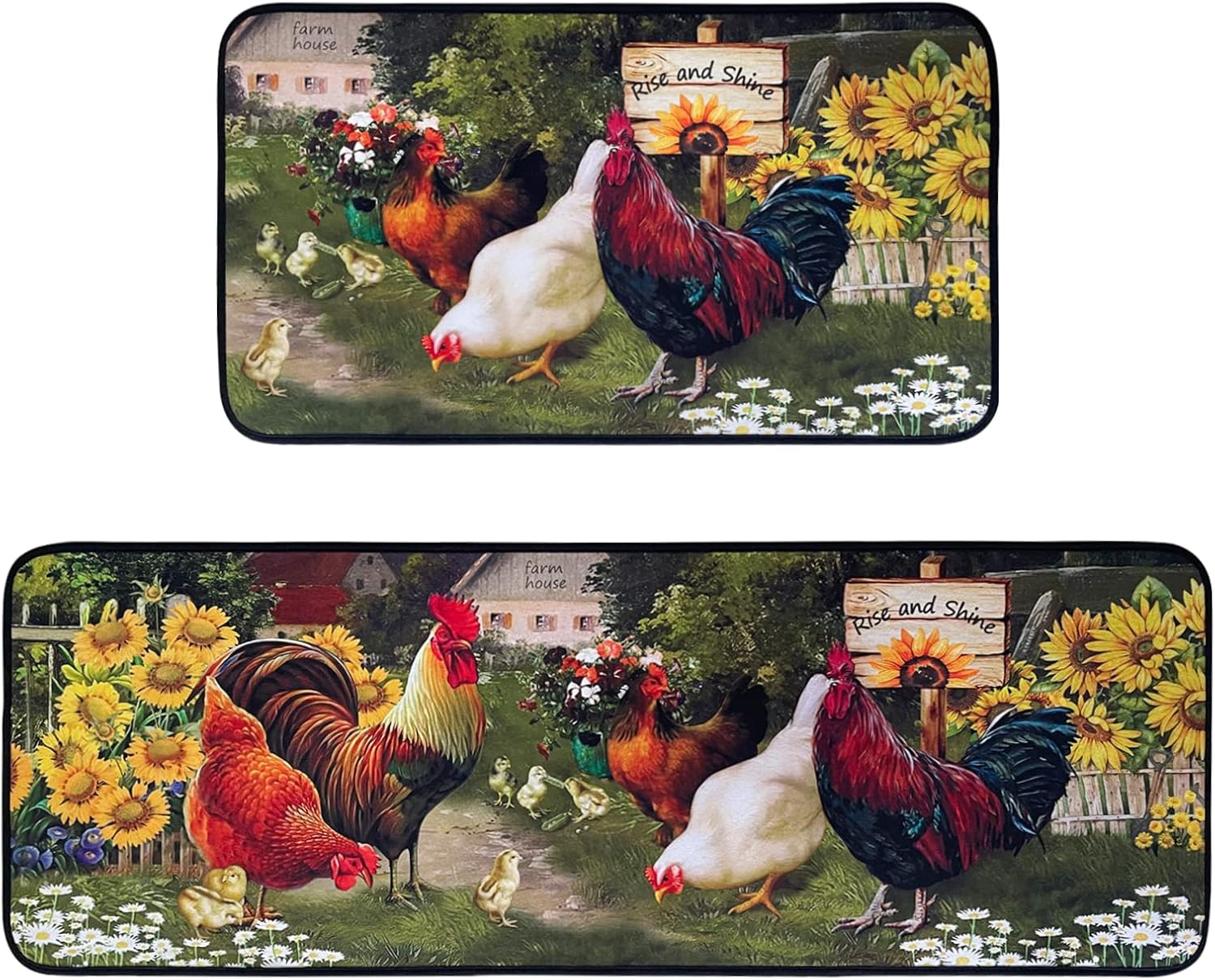 Alfombras de cocina de gallo, tapetes de microfibra antideslizantes y lavables para suelo de cocina, juego de 2 alfombras acolchadas de girasol para