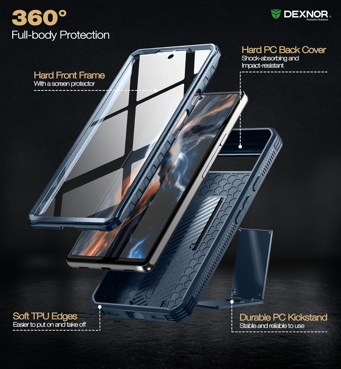 Dexnor Funda de cuerpo completo para Google Pixel 6A, protector de pantalla y soporte integrados resistente protección de grado militar a prueba de