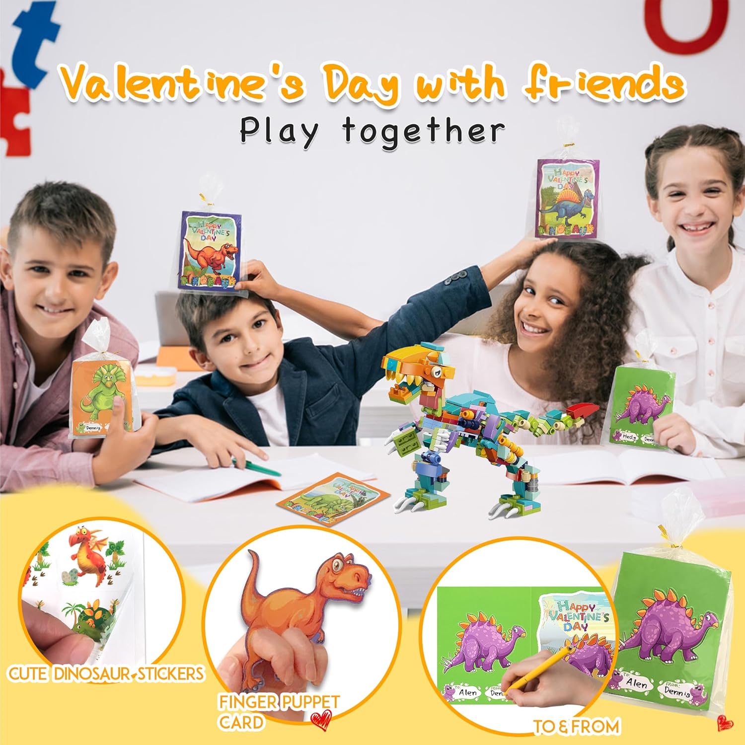 YOYOJOY Regalos del día de San Valentín para niños, 24 paquetes de bloques de construcción de dinosaurios con tarjetas del día de San Valentín,