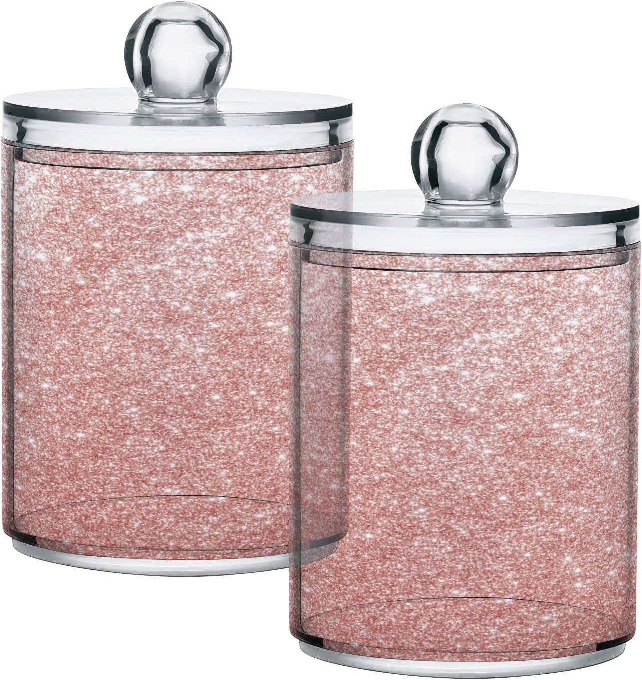 Dispensador de soporte Qtip de oro rosa brillante con tapas, 2 unidades, juego organizador de almacenamiento de baño de 14 onzas, tarros de