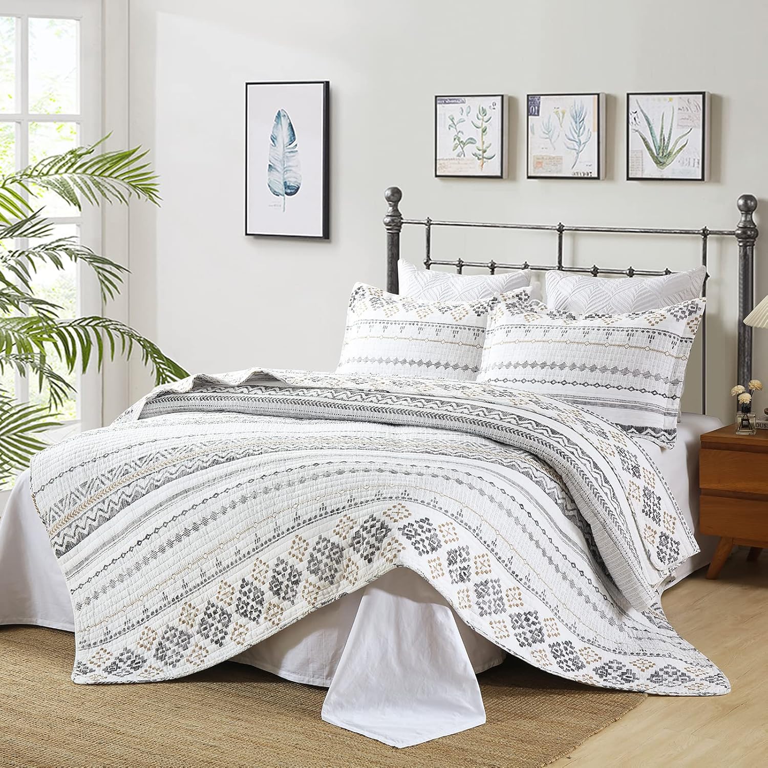 DUOHONG Juego de colcha de tamaño King  Juego de colcha de 100% algodón bohemio para cama King, 3 piezas de edredón bohemio reversible a rayas