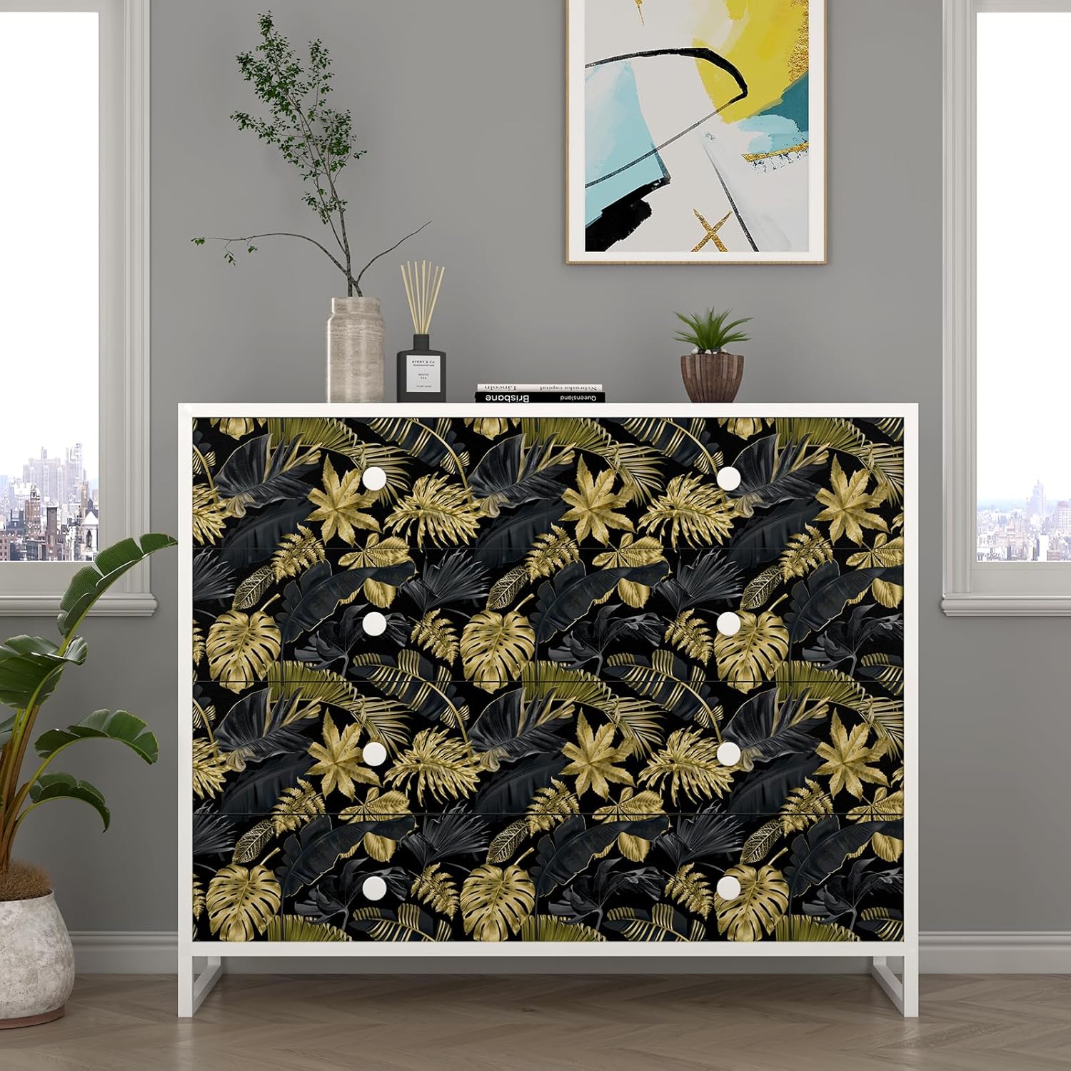 Wallink Papel tapiz negro y dorado con hojas tropicales, papel tapiz autoadhesivo con hojas autoadhesivas, papel tapiz extraíble negro y dorado,