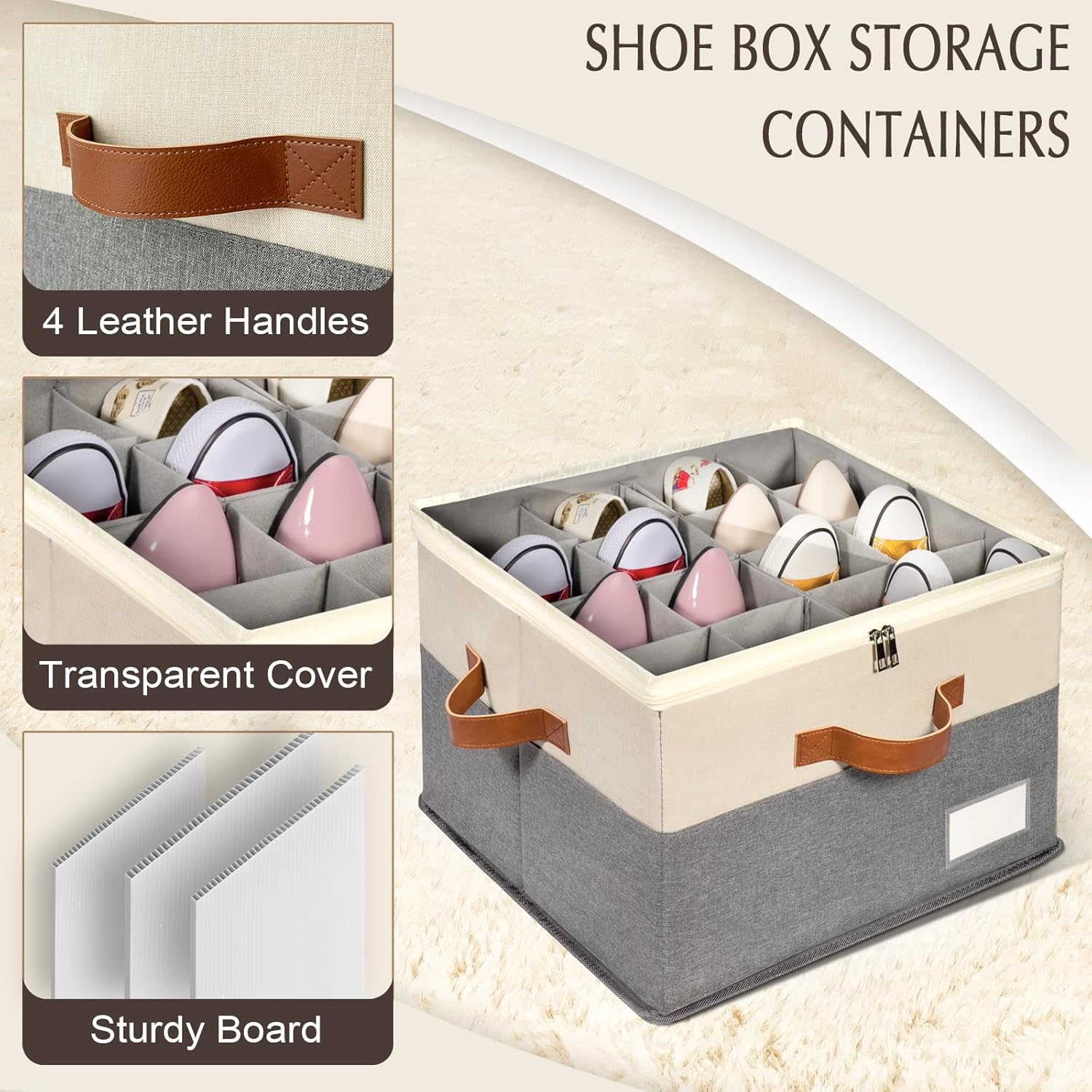 Organizador de zapatos para armario, contenedores de almacenamiento ajustables para zapatos, grandes contenedores plegables de almacenamiento de