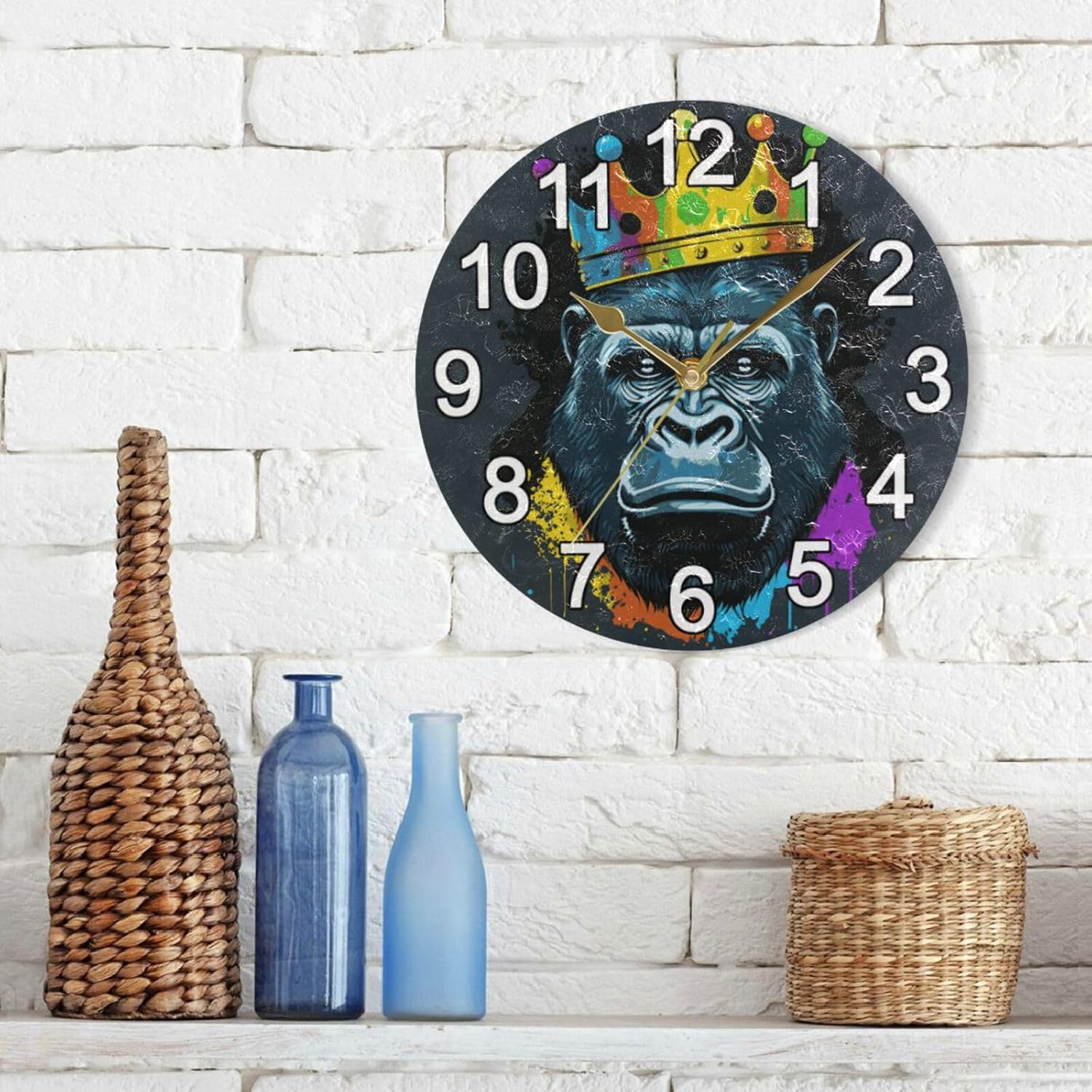 BOENLE Gorilla – Reloj de pared silencioso sin tictac con corona, reloj de cocina grande, funciona con pilas, 10 pulgadas para decoración de sala de