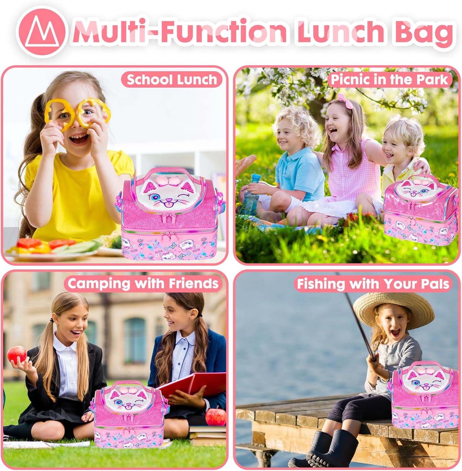 Bolsa de almuerzo aislada de dos pisos para niños, niñas, hombres, mujeres, con correa ajustable, gato