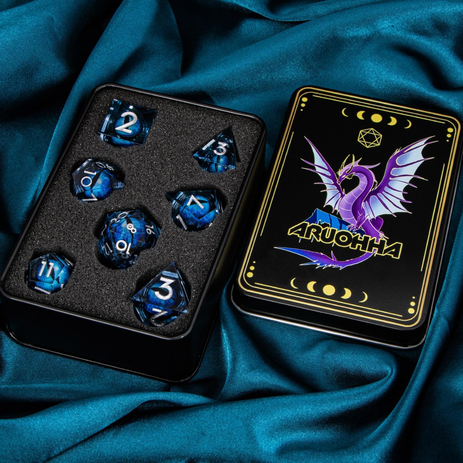 ARUOHHA Juego de dados de ojo de dragón azul DND con núcleo líquido, dados de resina con bordes afilados con caja de regalo, dados poliédricos de