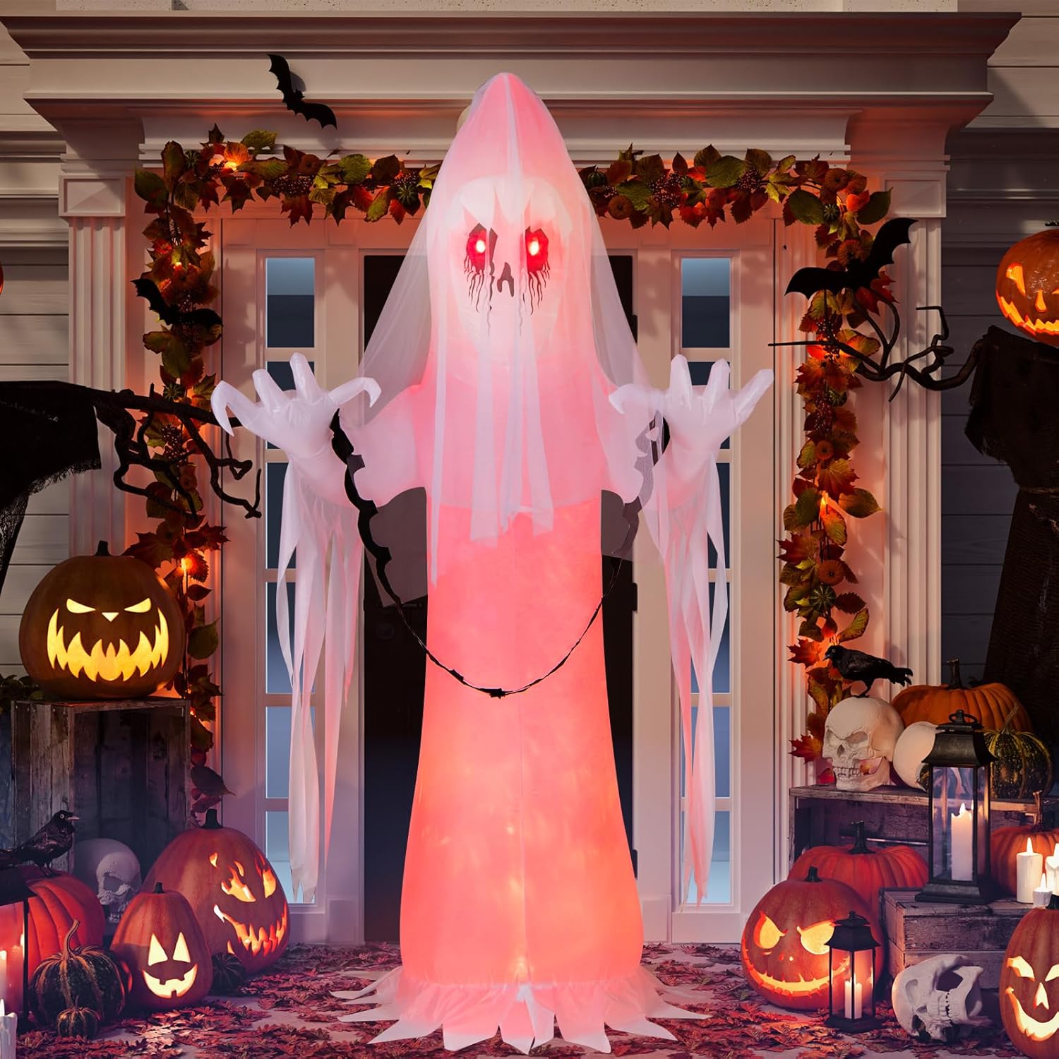 Tangkula Fantasma inflable de Halloween de 8 pies, novia fantasma inquietante inflable con luz LED de llama, decoración de vacaciones al aire libre