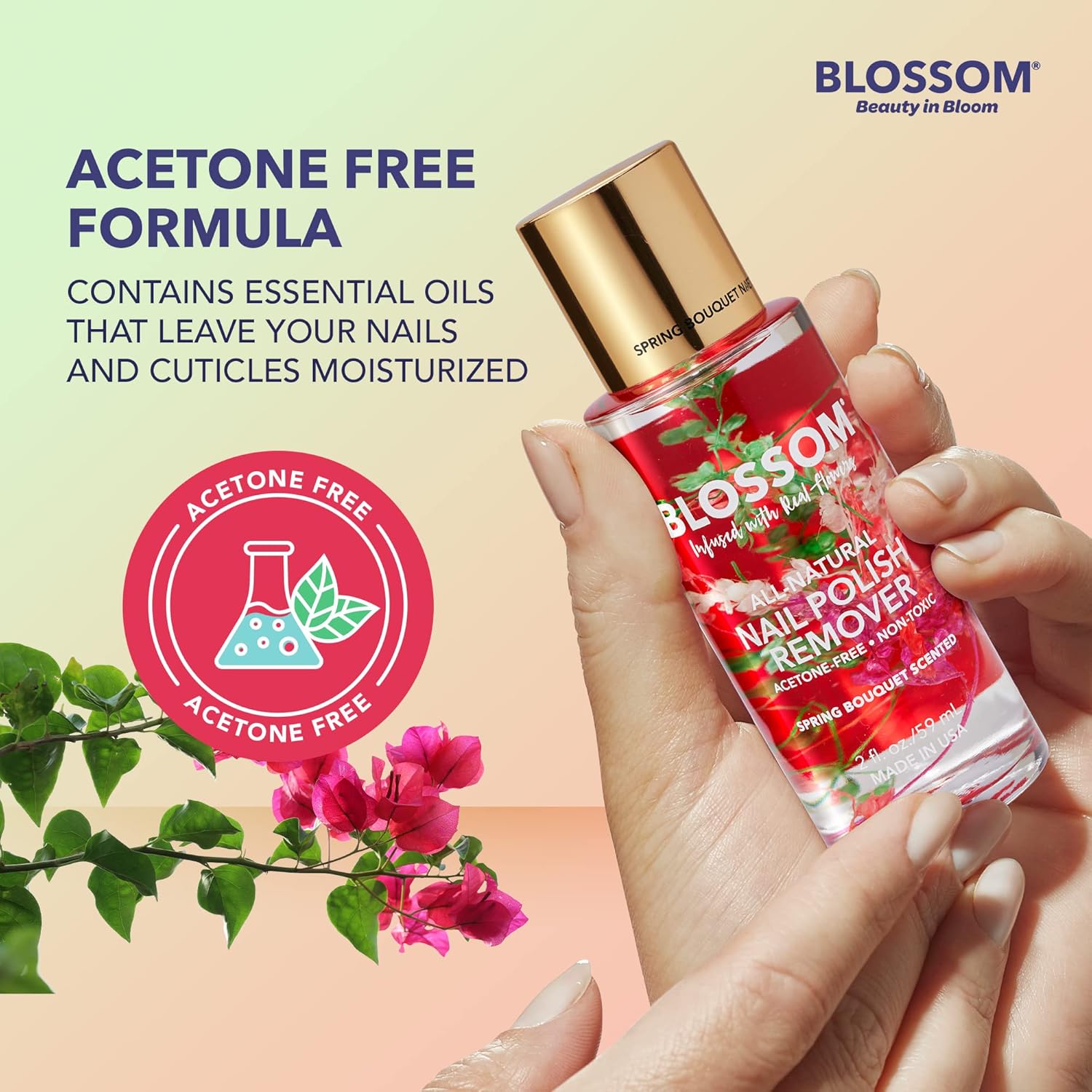 Blossom Todo natural, perfumado, orgánico a base de plantas, vegano, libre de crueldad, removedor de esmalte de uñas sin acetona, infundido con