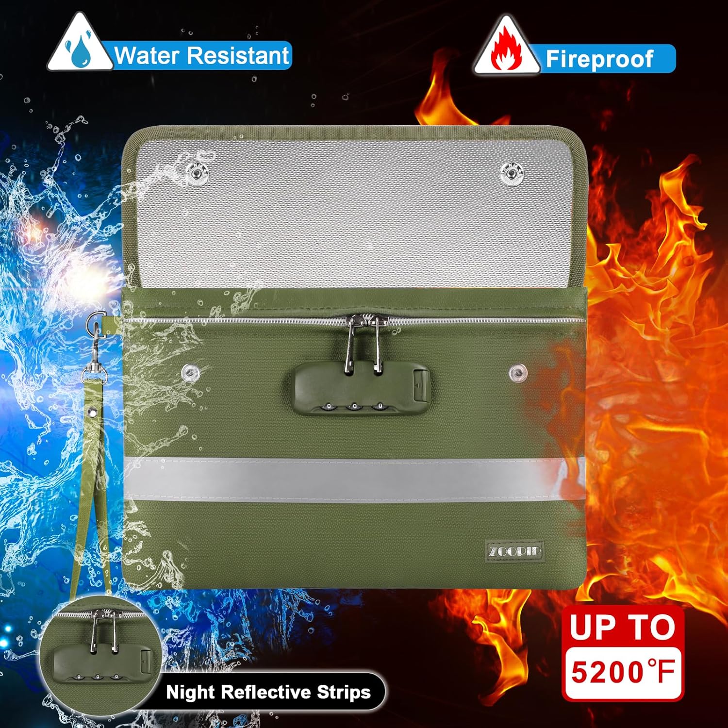 Bolsa de dinero ignífuga con cerradura, bolsa impermeable con aislamiento térmico de 5200 F, (11 x 7 pulgadas), 8 capas de materiales funcionales,