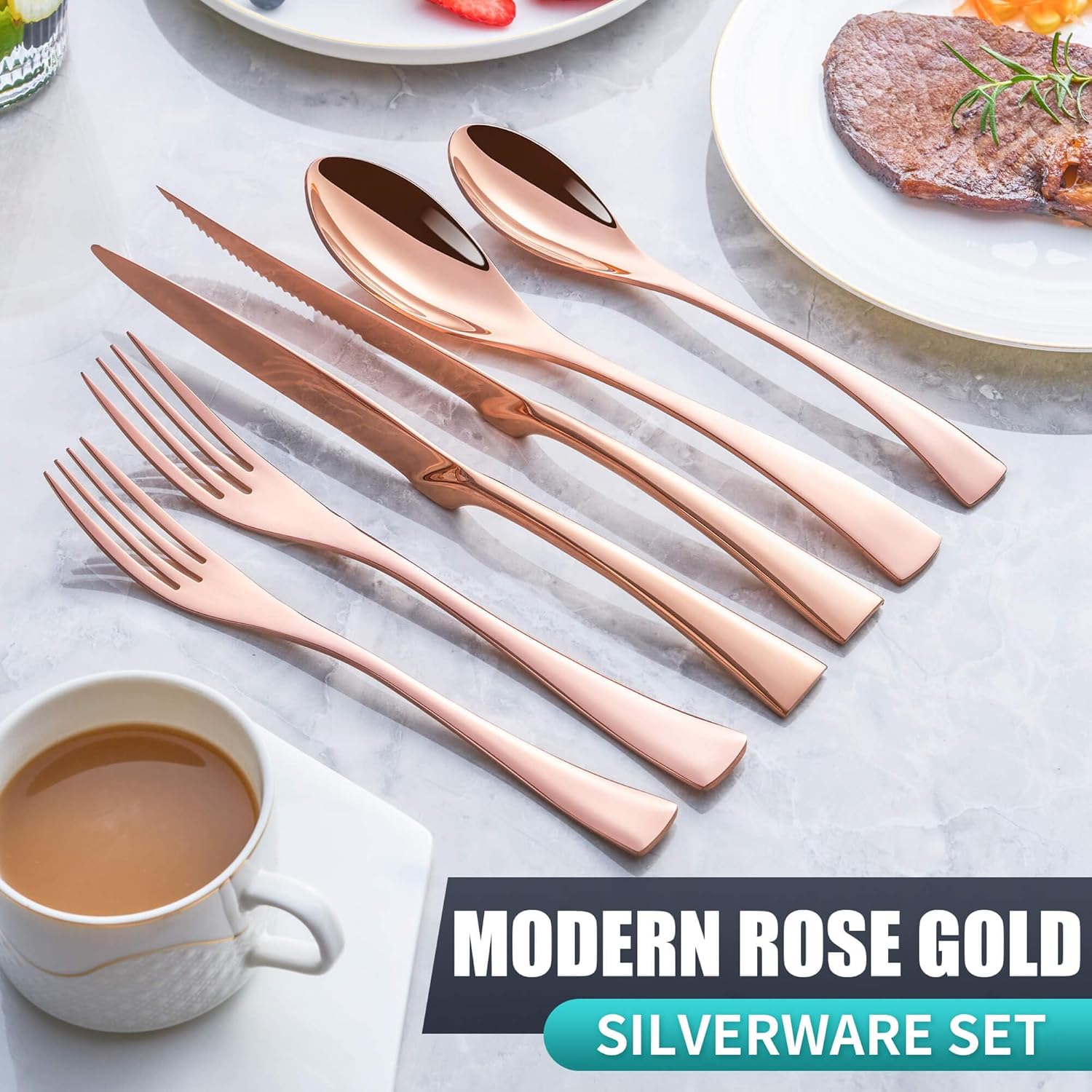 Joincook Juego de cubiertos de 24 piezas de oro rosa con cuchillos de carne para 4, moderno juego de cubiertos de acero inoxidable 1810, juego de
