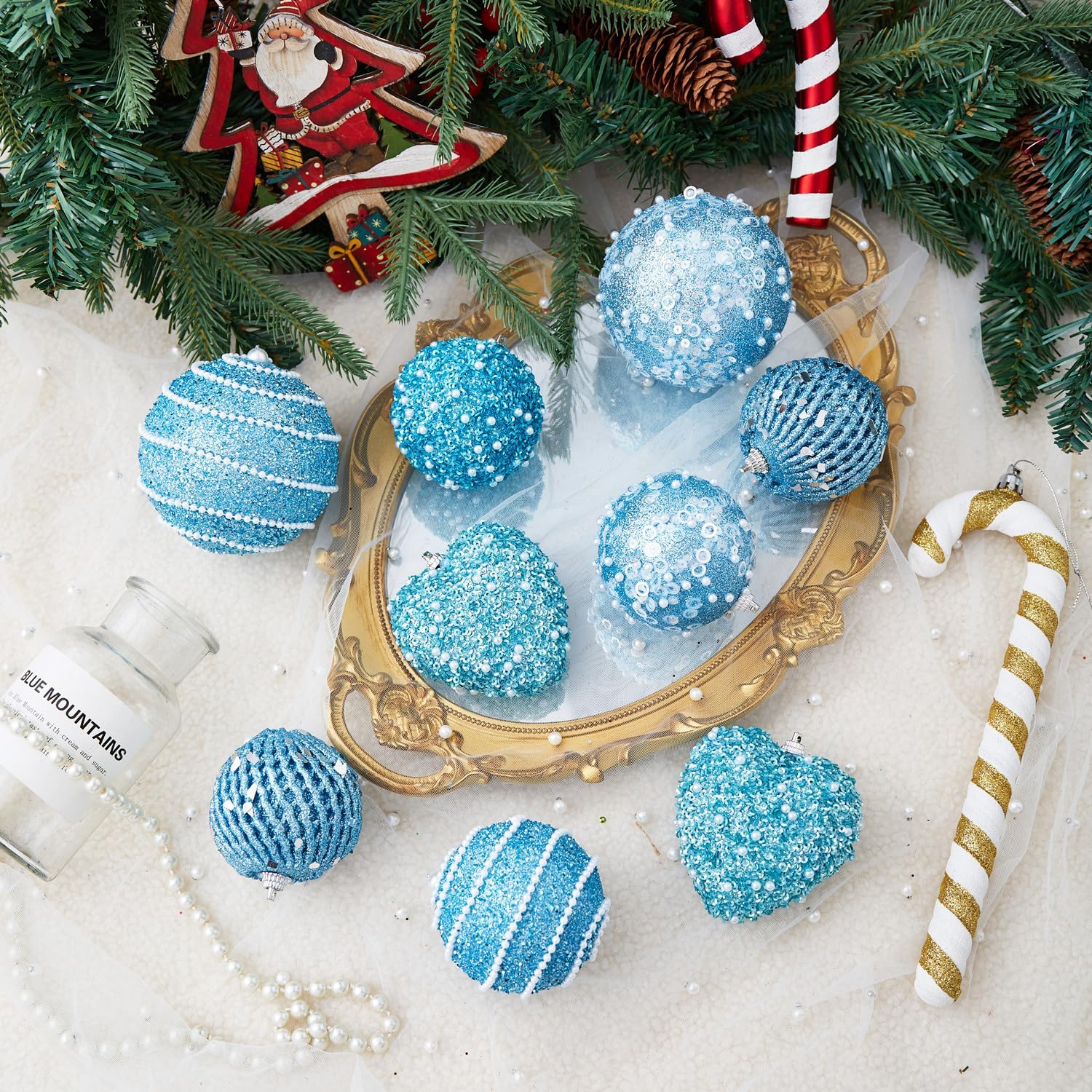 14 adornos de corazón azul bebé y adornos de bolas de Navidad, decoraciones de bolas de Navidad, bolas de perlas colgantes de plástico inastillables