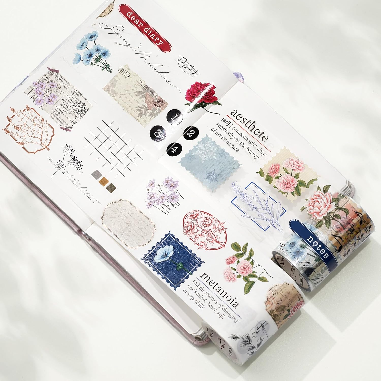WT Season’s Symphony – Cinta Washi ancha, rollo individual, diseños originales, cinta decorativa floral, cuaderno de recortes de chatarra Bujo