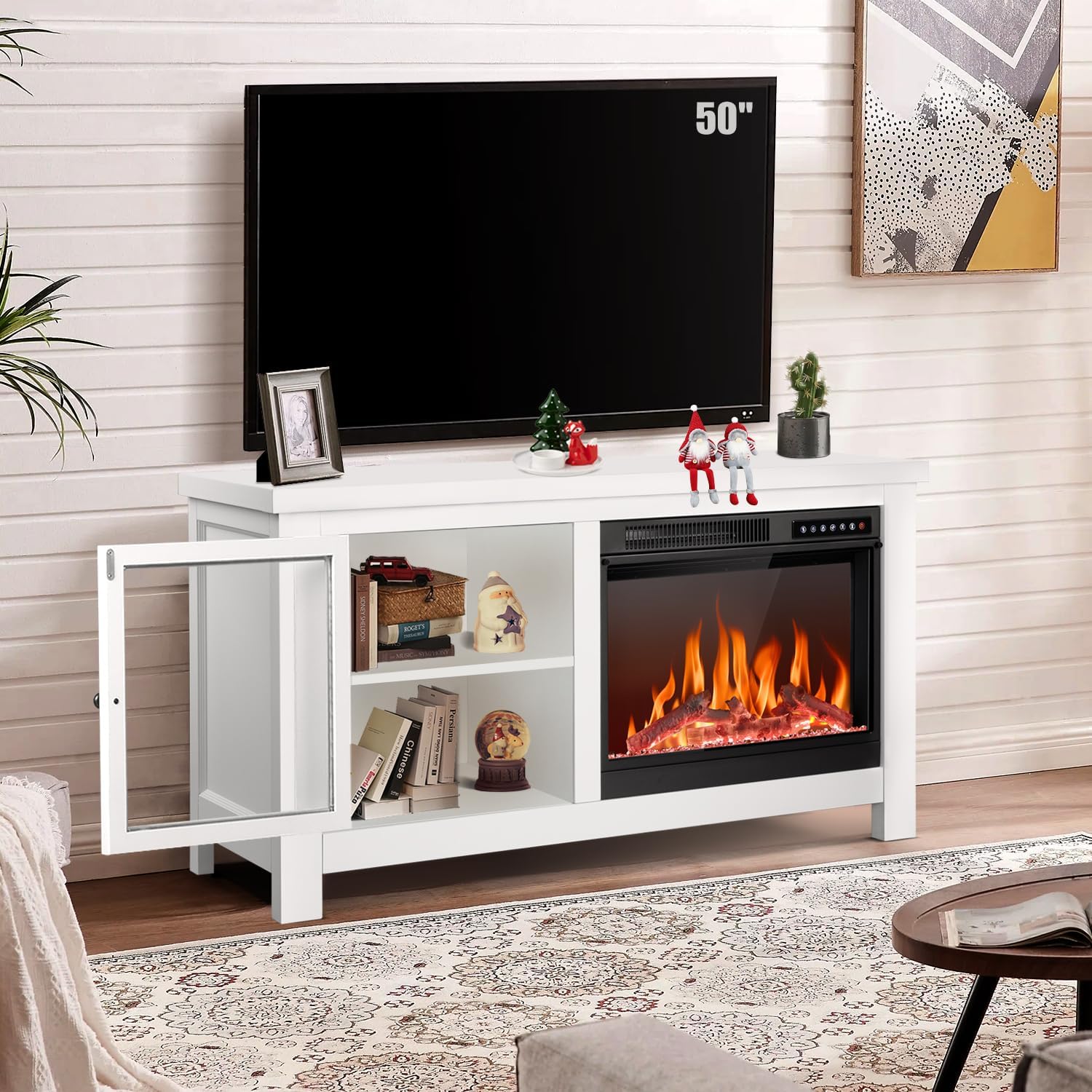 R.W.FLAME Soporte de TV con chimenea para TV de 60 pulgadas, moderno centro de entretenimiento con chimenea eléctrica de 23 pulgadas, muebles