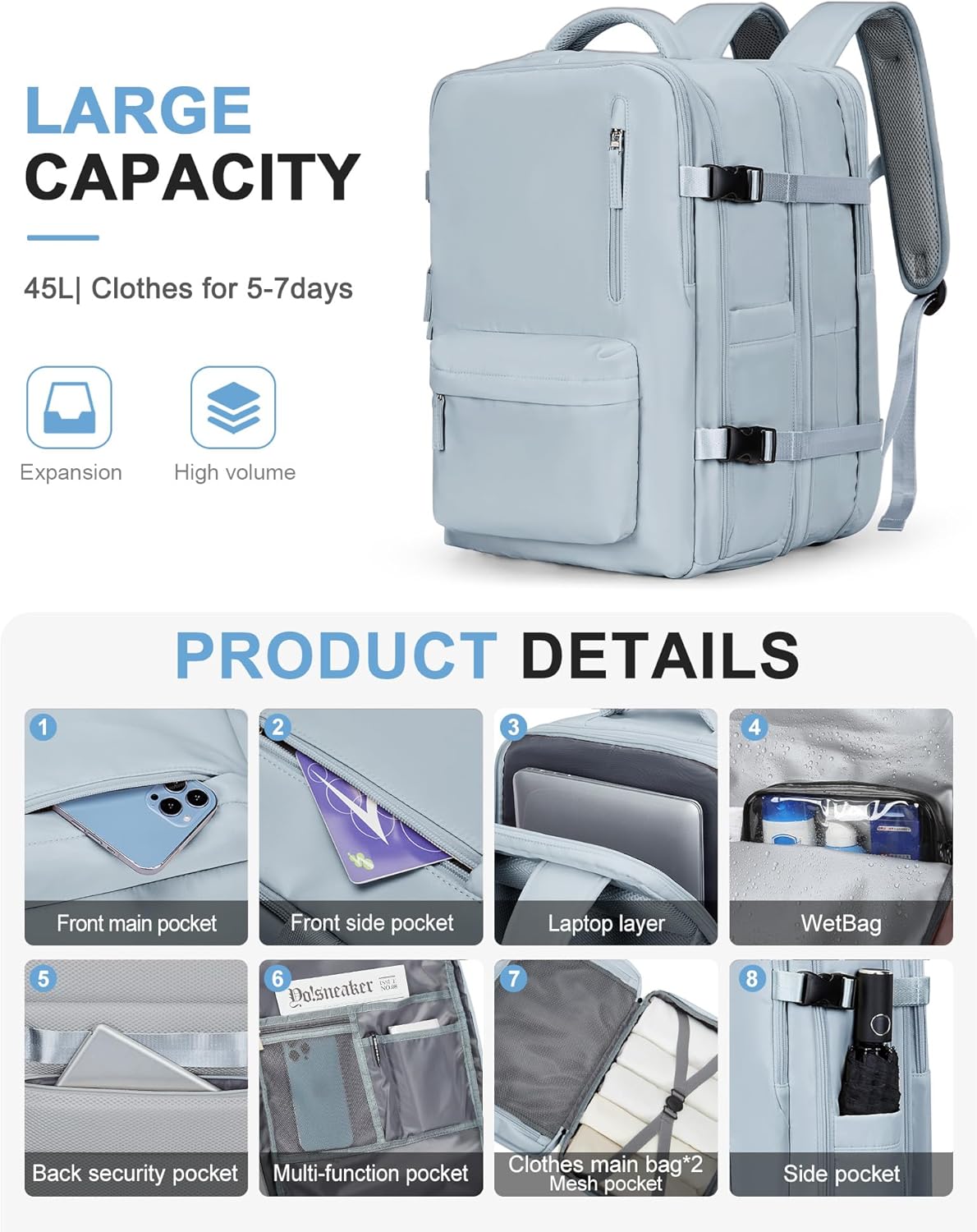 VECAVE Mochila de viaje para laptop, mochila aprobada para vuelos,Mochila deportiva para universidad casual, O-azul-2, Backapck para portátil