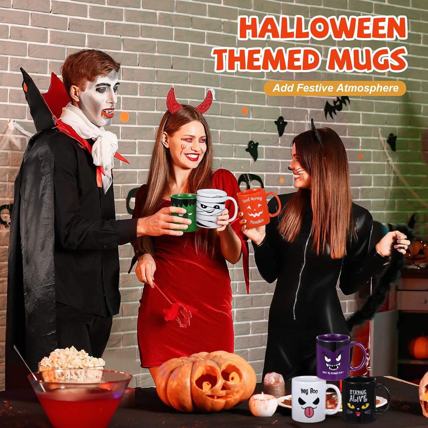 Lallisa Juego de 6 tazas de Halloween de 13 onzas, calabazas, gatos, fantasmas, tazas de cerámica a juego para Halloween, hogar, escuela, oficina,