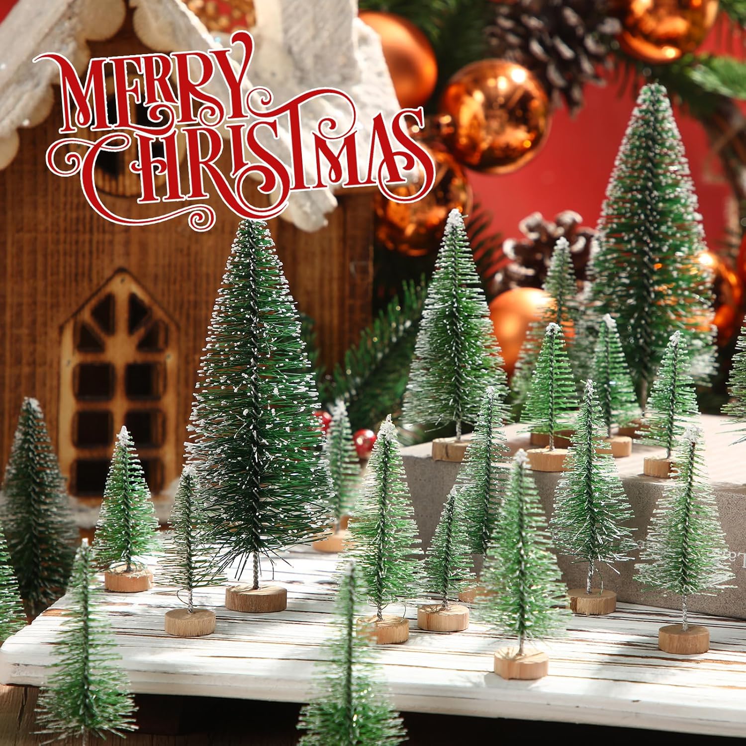 60 piezas de mini árbol de Navidad artificiales de sisal para árboles de nieve, cepillos para botellas, árboles de Navidad, adornos de pinos con