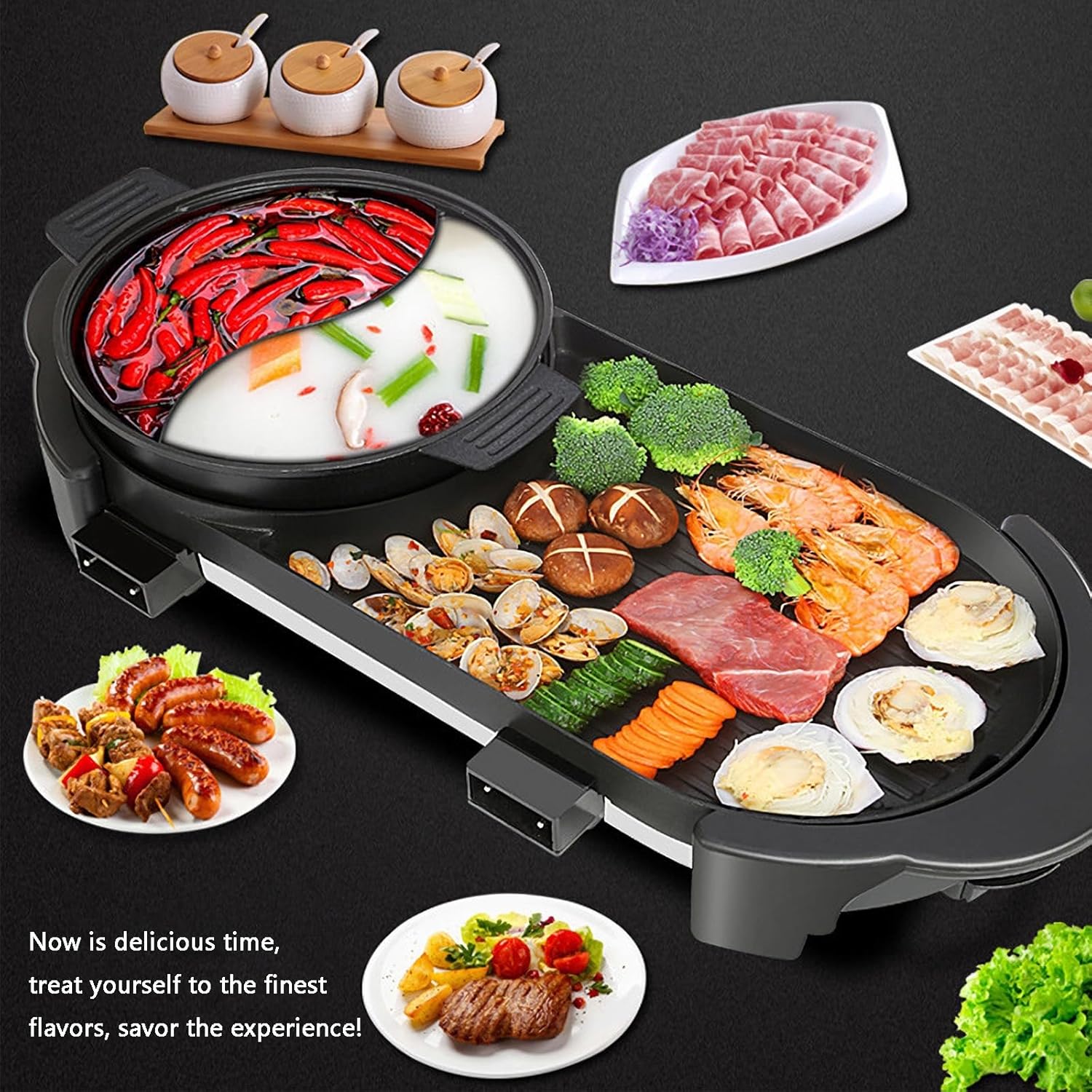 Olla caliente con parrilla, olla caliente eléctrica 2 en 1 Shabu Shabu Shabu parrilla coreana para barbacoa, olla extraíble de 1200 Wbandeja para