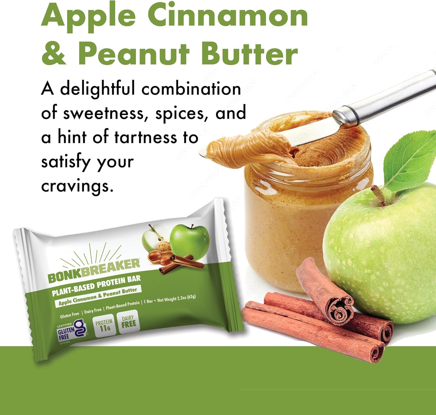 Bonk Breaker Barras de proteínas a base de plantas, sin gluten, sin lácteos, 0.43 oz de proteína, manzana canela y mantequilla de maní, paquete de 12