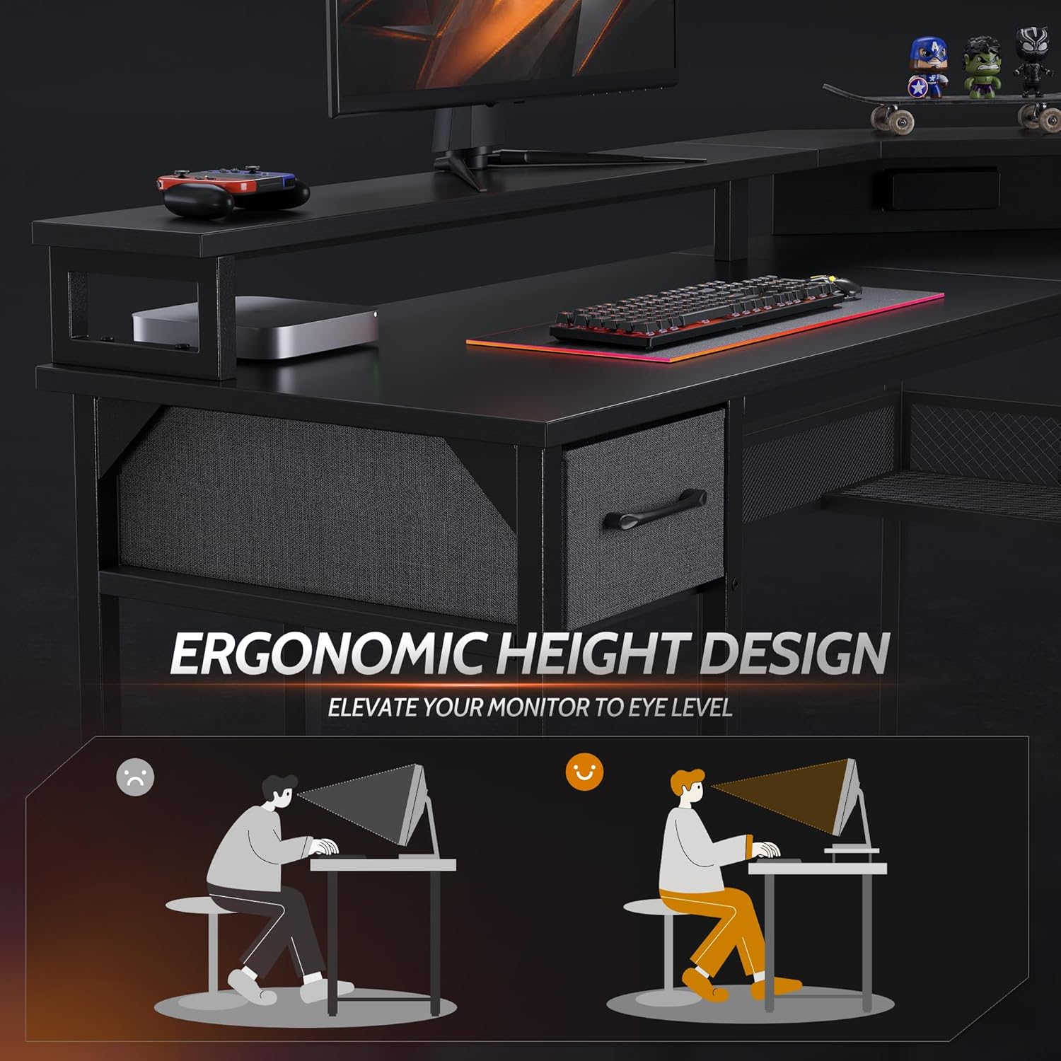 CubiCubi Escritorio para juegos en forma de L con luces LED y tomas de corriente, escritorio esquinero reversible de 58 pulgadas con estantes de