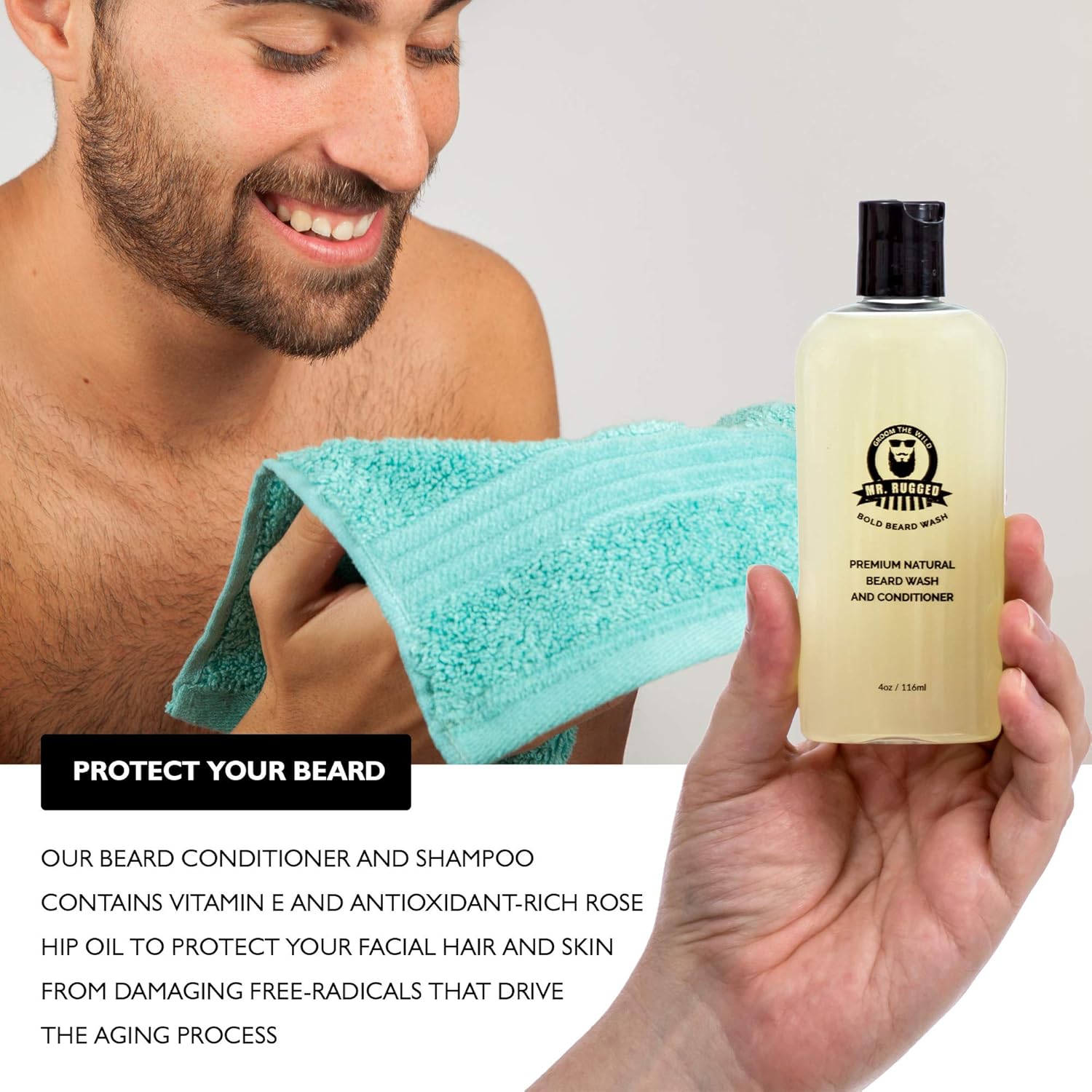 Mr Rugged Jabón y acondicionador de barba para hombres (menta 2 en 1, botella de 4 onzas) champú natural para barba suave – fortalece y mejora el