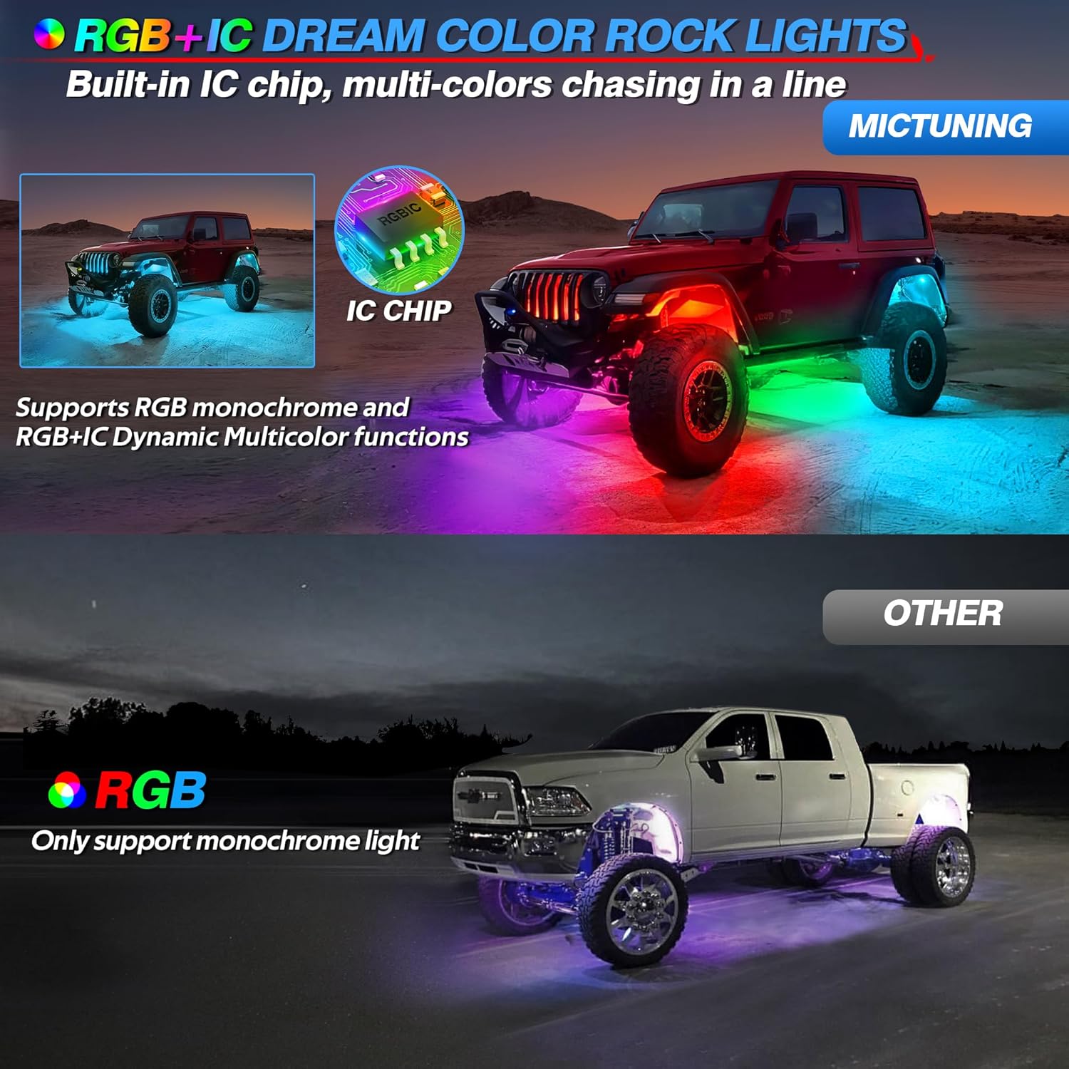 MICTUNING Y1 RGB+IC Dream Color – Kit de luces LED de roca  8 cápsulas de luces subterráneas para camiones con efecto de persecución, kits de luz de