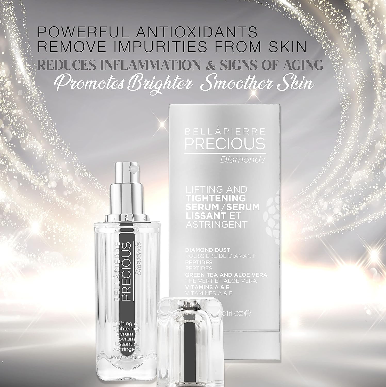 bellapierre PRECIOUS Diamonds – Suero para levantar y apretar  Despertar, revitalizar y tensar la piel cansada y flácida  Enriquecido con vitaminas