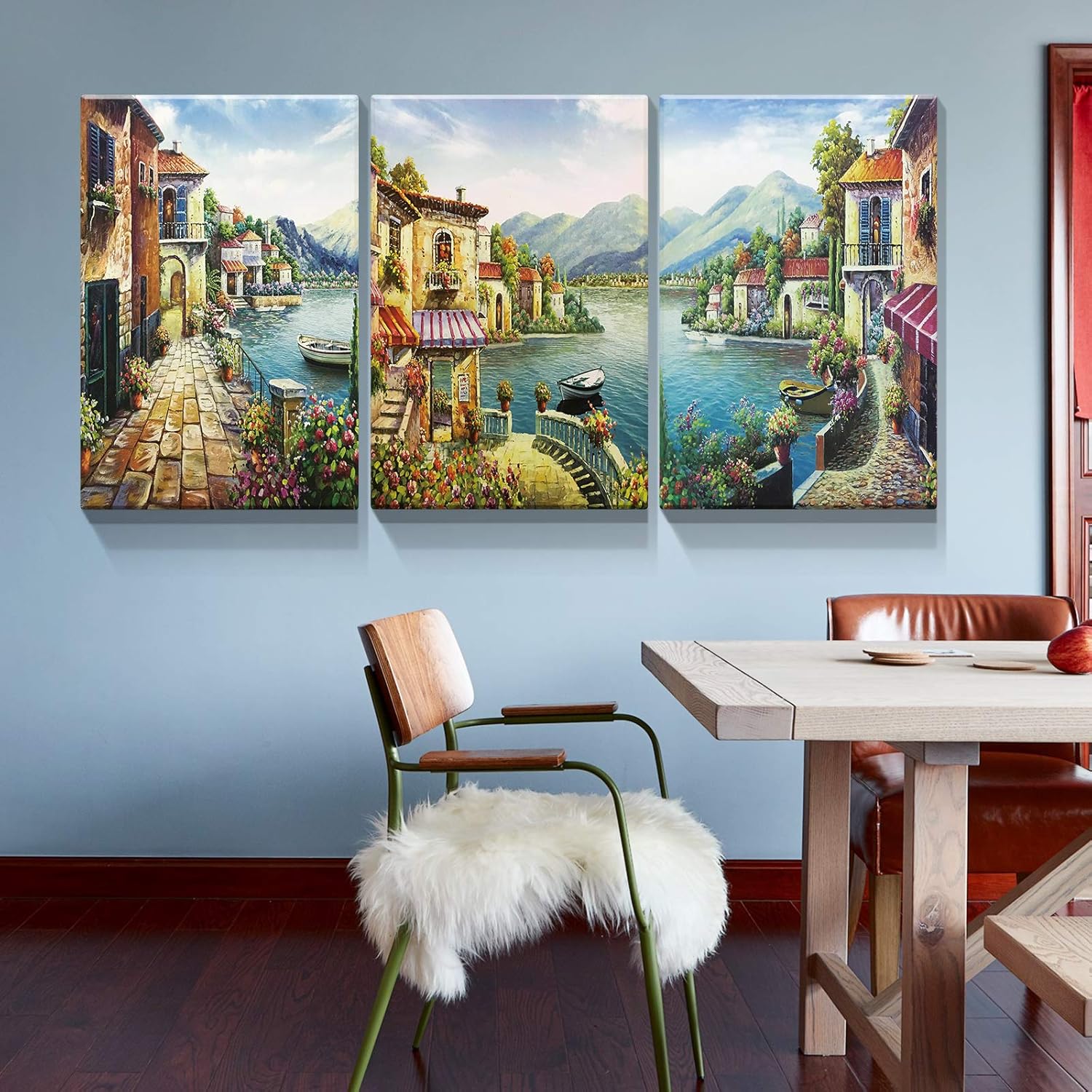 Denozer Lienzo decorativo para pared, lienzo de ciudad europea, 3 piezas, arte de pared con flores costeras, pintura de reproducción para oficina,