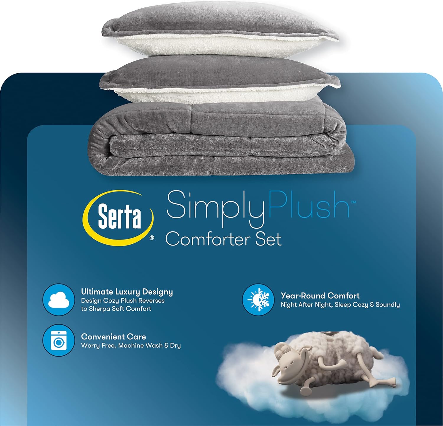 Serta Cozy Plush – Juego de edredón reversible hipoalergénico de 3 piezas, tamaño Queen, color gris