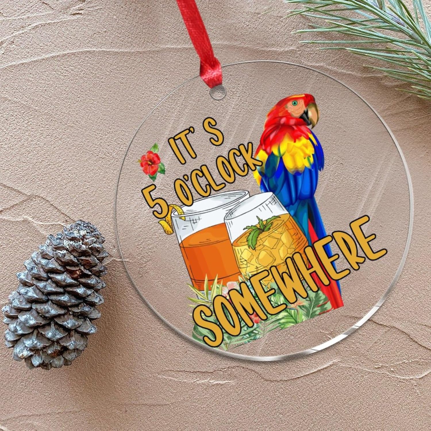 Adornos de Navidad 2023 It’s Five O’Clock Somewhere Adornos de Navidad acrílicos Tiki Bar Pool Jacuzzi Luau Colgante Loro Flores Flamenco Playa
