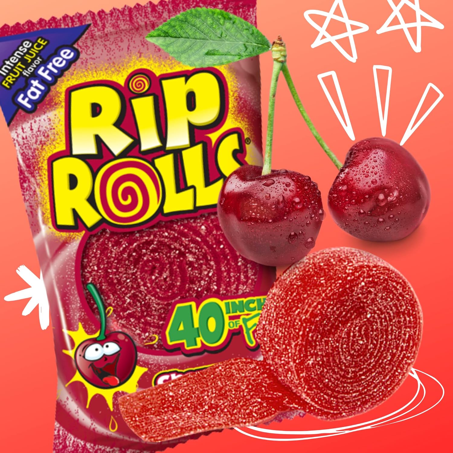 Rip Rolls – Rollos de caramelo agrio, sabor a fruta de cereza, caramelos de cinturón de regaliz sin grasa, bocadillos para compartir envueltos