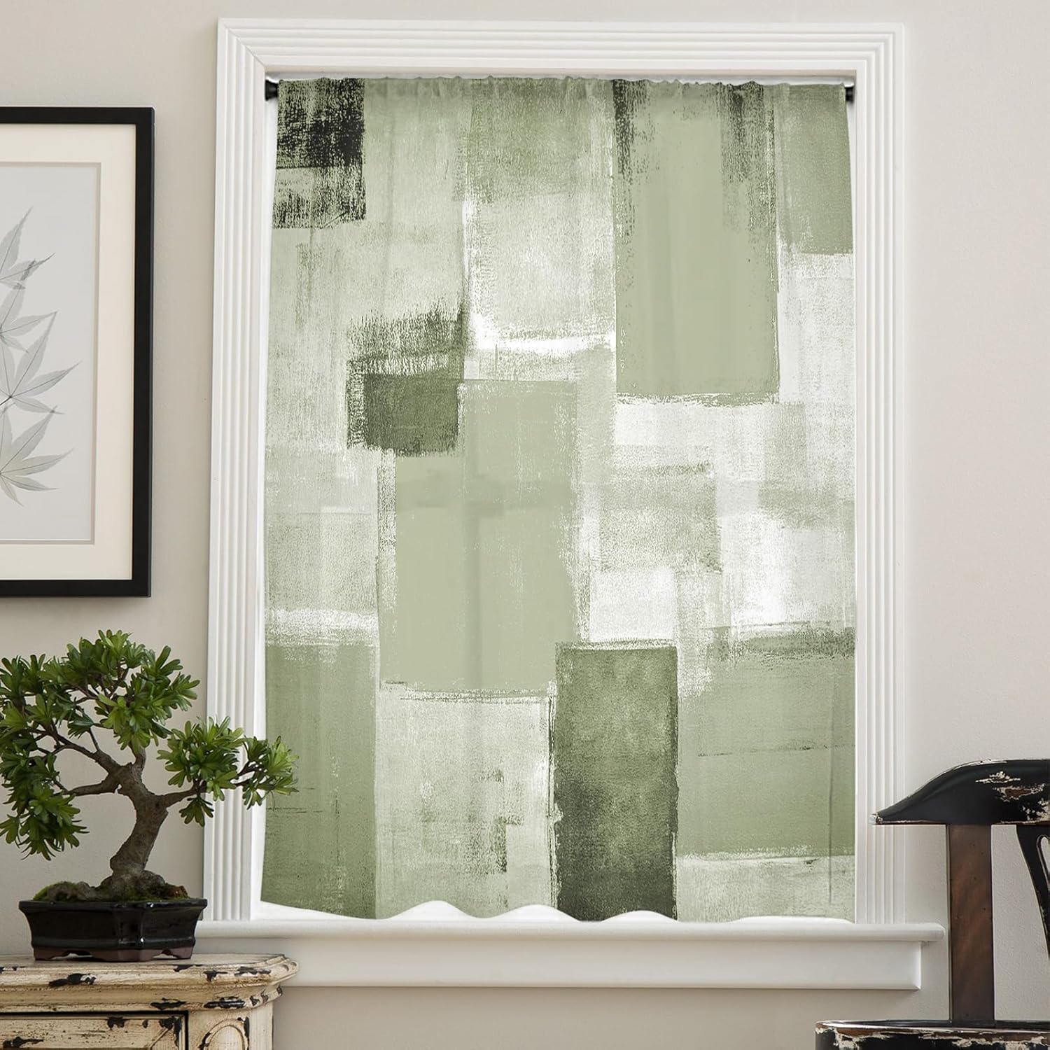 Sage Green Geometric Window Curtains 63 Inches Long,Semi Sheer Rod Pocket Chiffon Curtains & Drapes Drapery Voile Draperies Window Treatment for