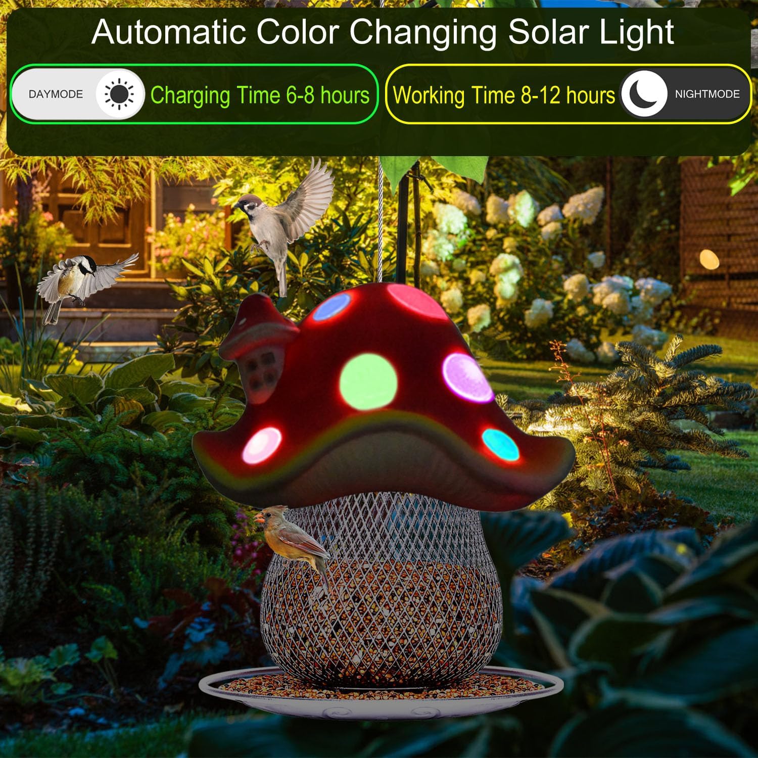 Comederos solares para pájaros para colgar al aire libre, comedero para pájaros silvestres de capacidad de 3.5 libras, comederos de metal premium