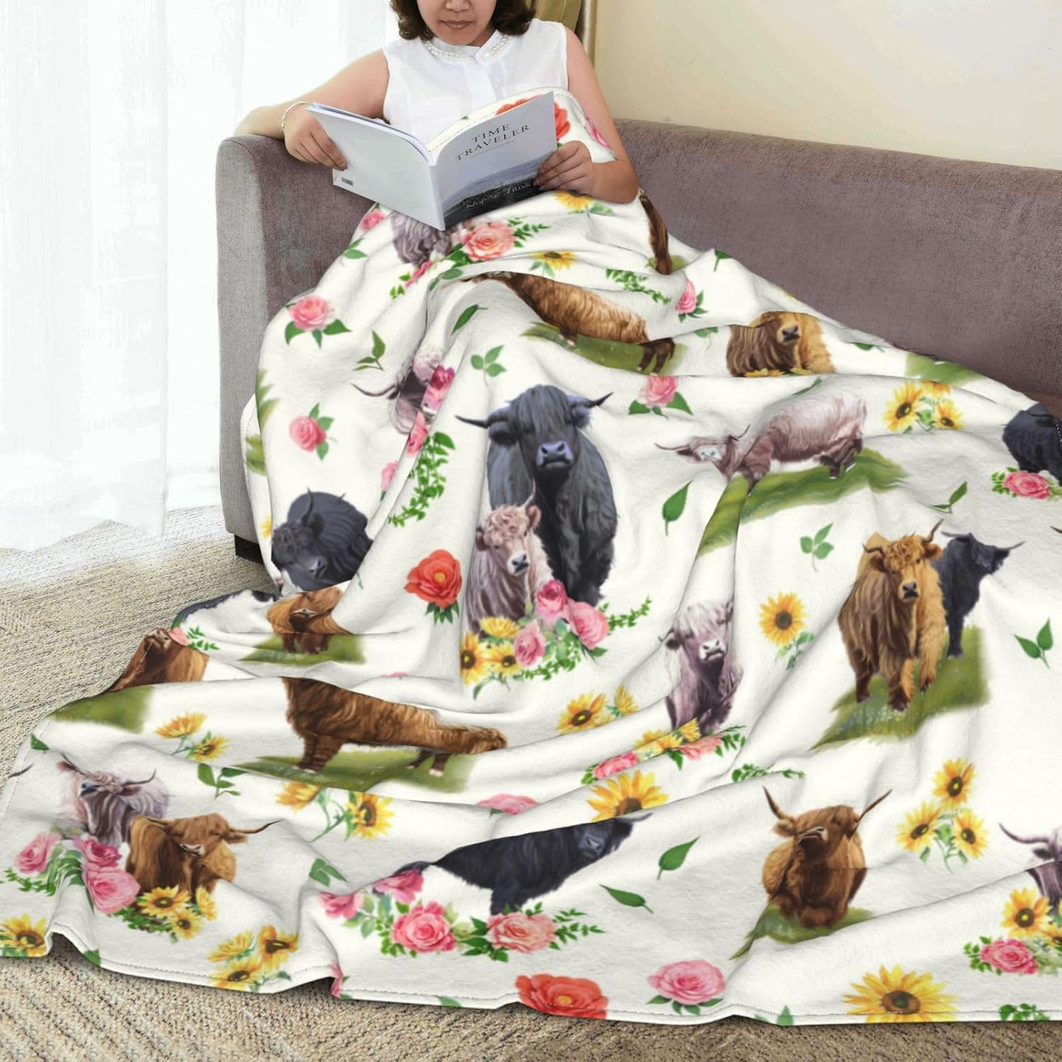 RAYAPUJ Manta de vaca de las Highland, decoración de vaca de las tierras altas, regalos de vaca de animales lindos para mujeres, manta floral de