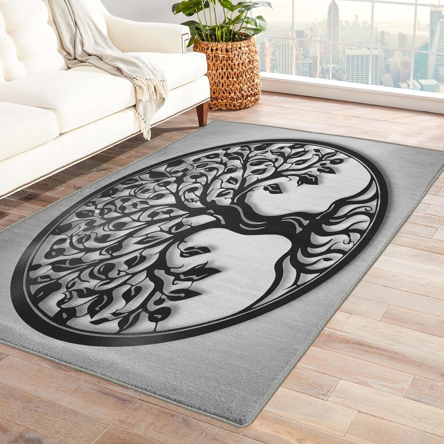 Alfombra de 2 x 3, alfombra de árbol de la vida para entrada, sala de estar, dormitorio, alfombra gris pequeña y decoración de dormitorio, lavable,