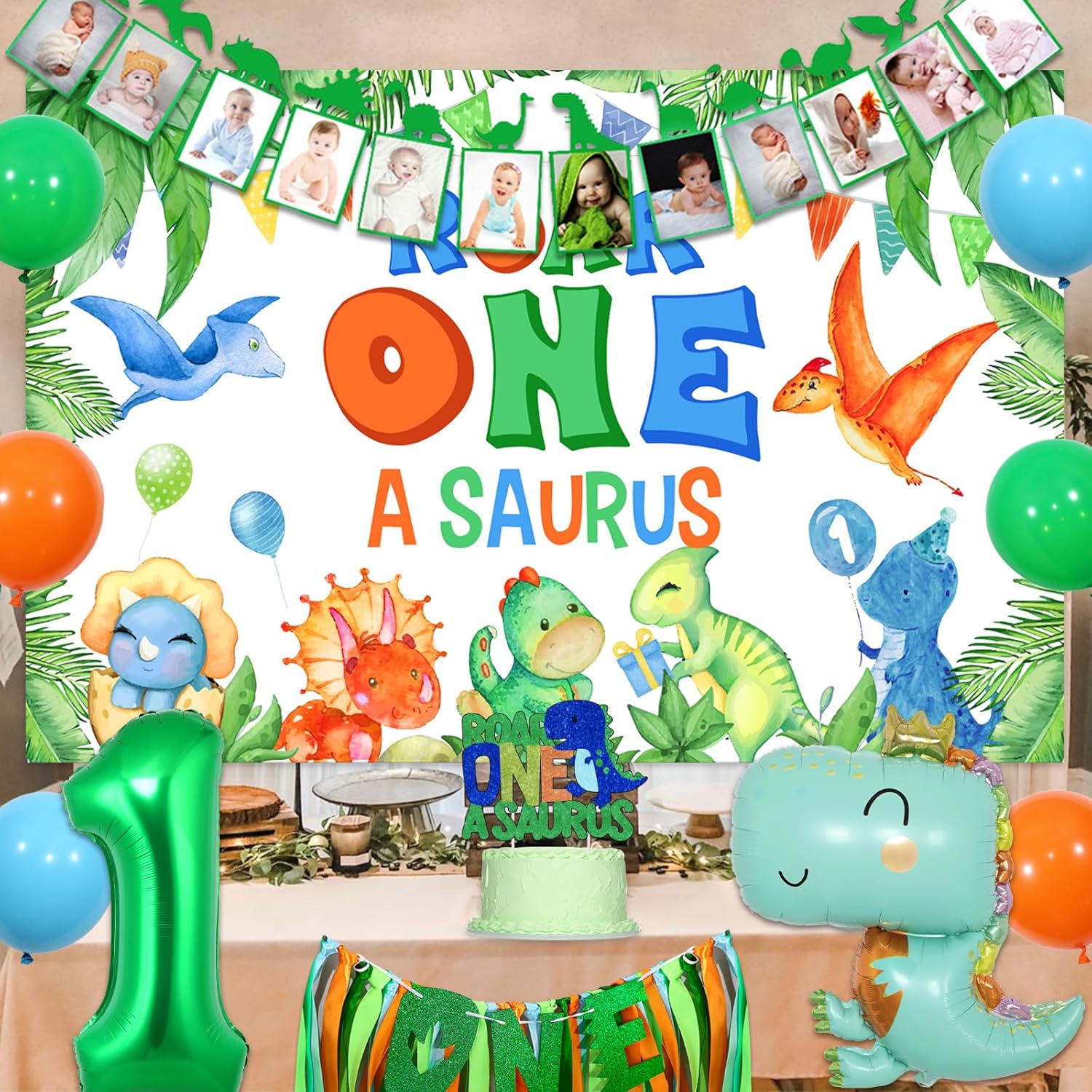 Decoraciones de dinosaurio para el primer cumpleaños de niño  Telón de fondo de rugido, pancarta mensual de dinosaurio para fotos, decoración de