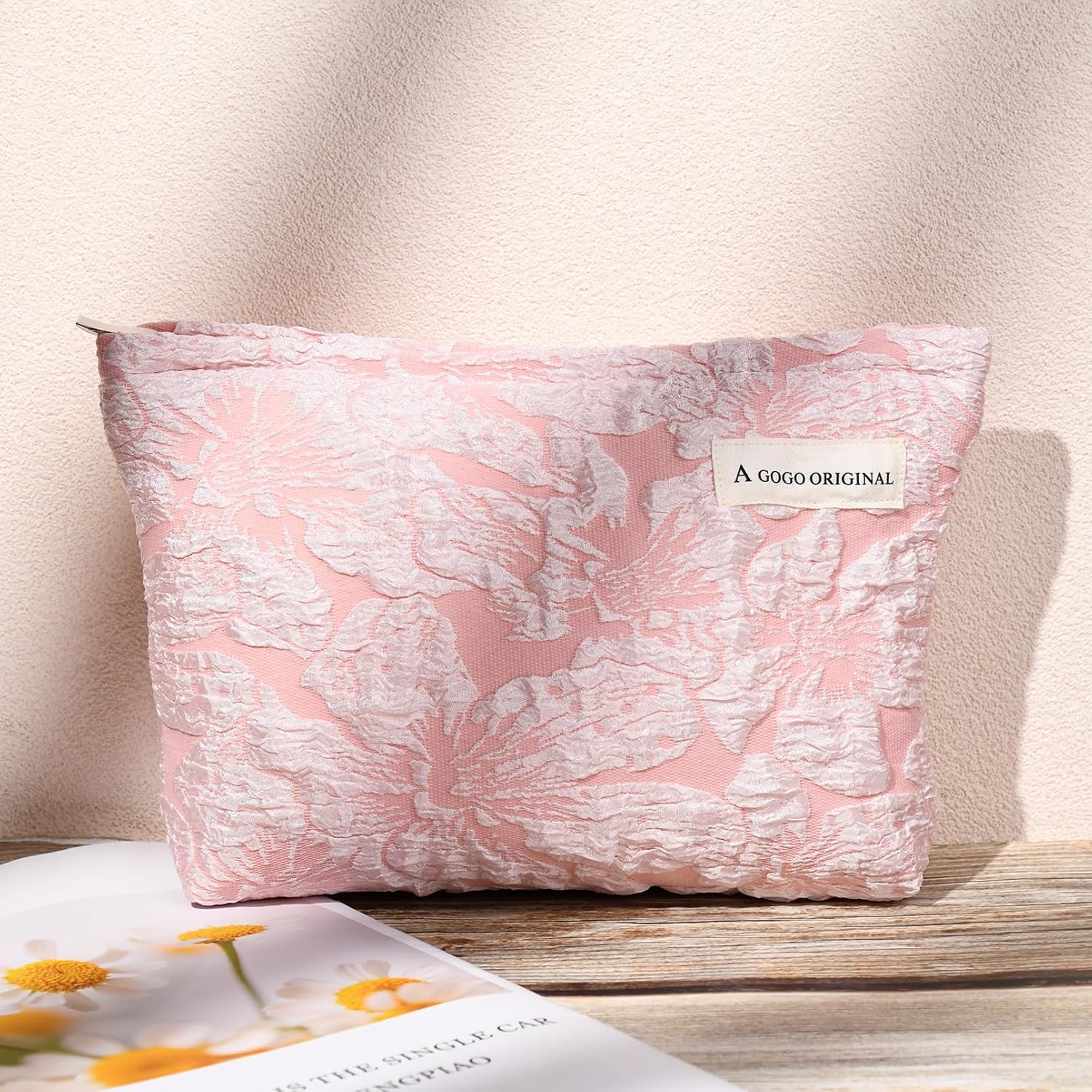 Bolsa de maquillaje grande de 2 piezas, bolsa de cosméticos floral, color rosa y blanco, de lona, bolsa de aseo de viaje, organizador de brochas de