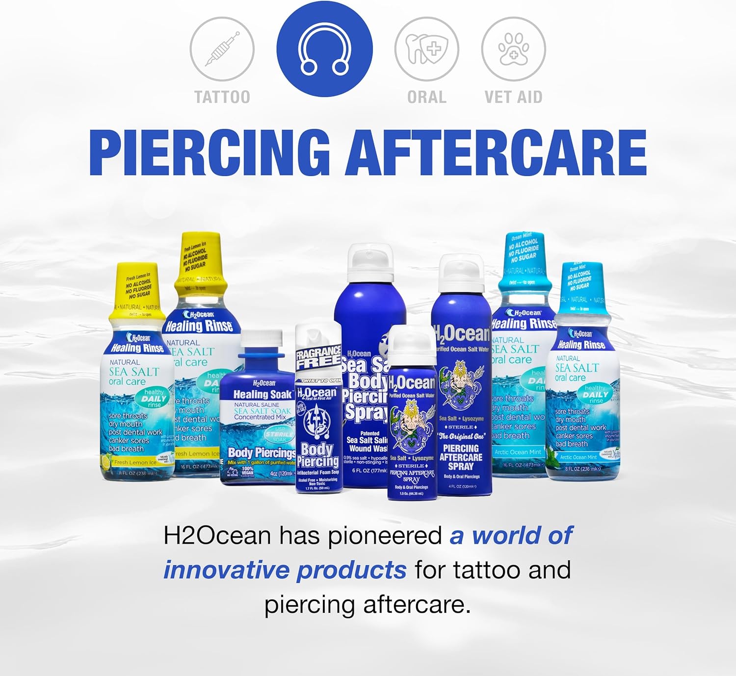 H2Ocean Baño de sal marina para piercings y heridas, solución salina de sal marina para piercings y cuidado de heridas, cuidado posterior calmante