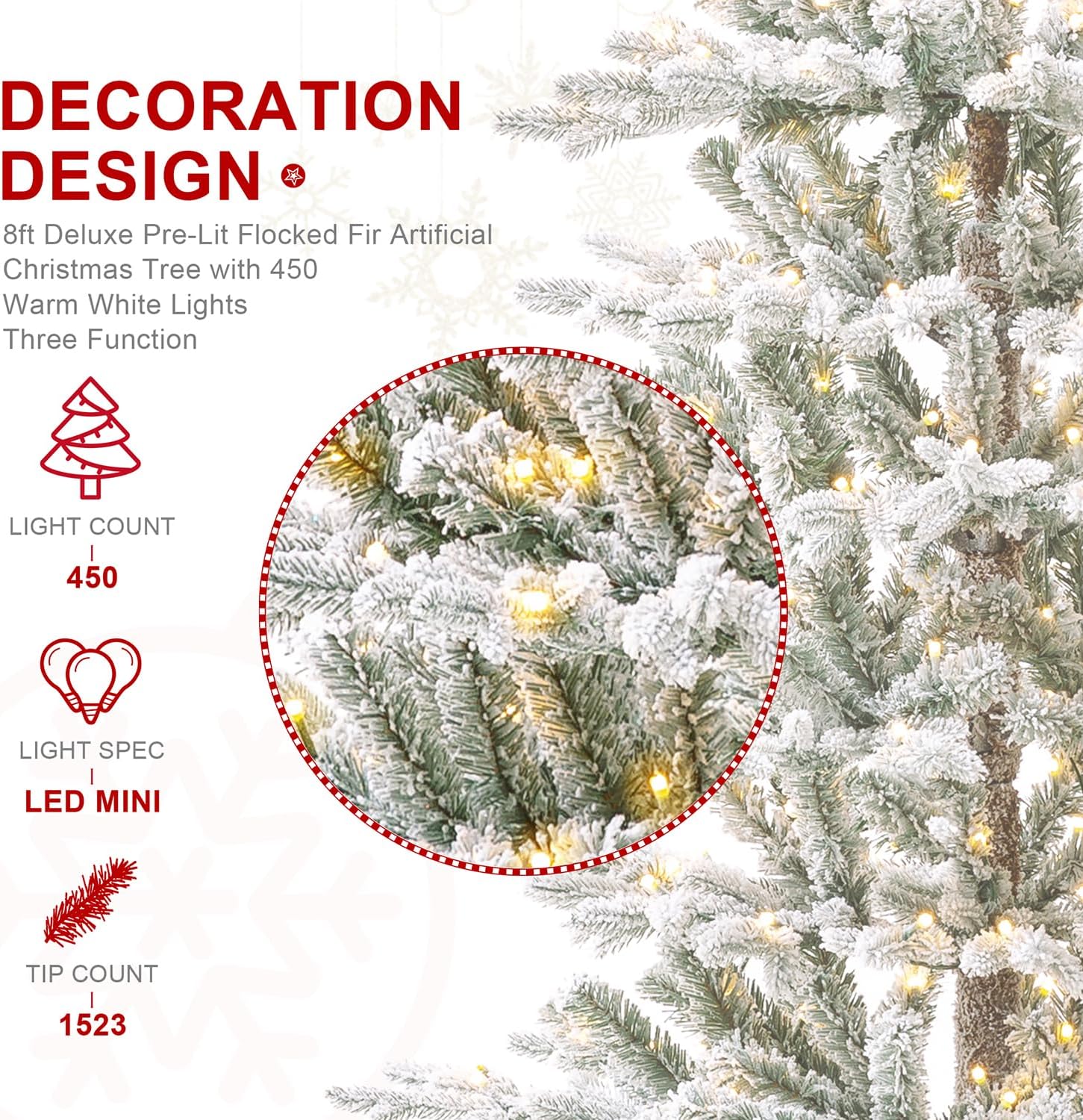 glitzhome Árbol de Navidad artificial de abeto flocado de lujo de 8 pies, árbol de Navidad con bisagras con 450 luces blancas cálidas, tres
