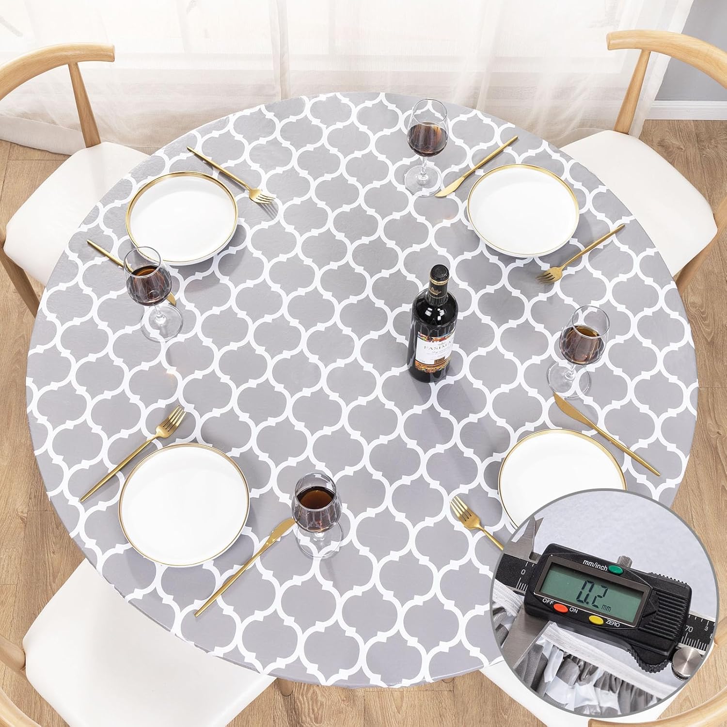 UMINEUX Mantel redondo de vinilo ajustable con bordes elásticos y reverso de franela, funda de mesa redonda impermeable para uso en interiores y