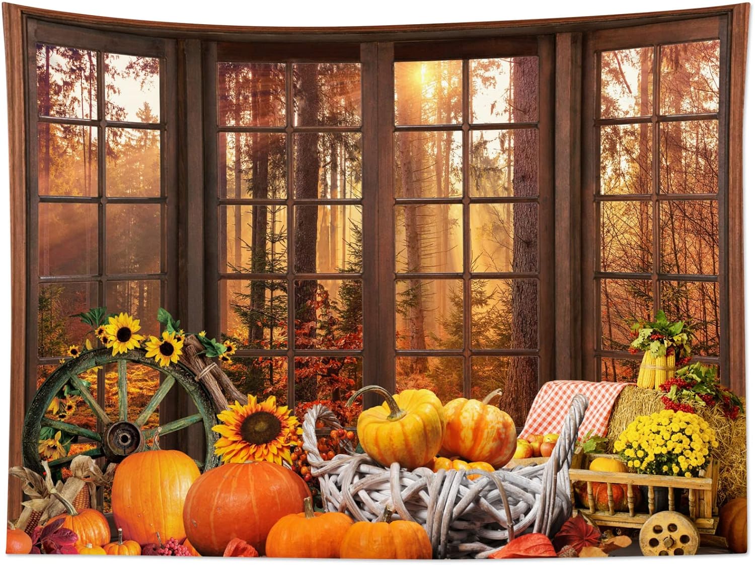 HVEST Tapiz de otoño con árbol de arce, bosque, paisaje exterior, ventana, para dormitorio, girasol, calabaza, Acción de Gracias, tapiz de pared