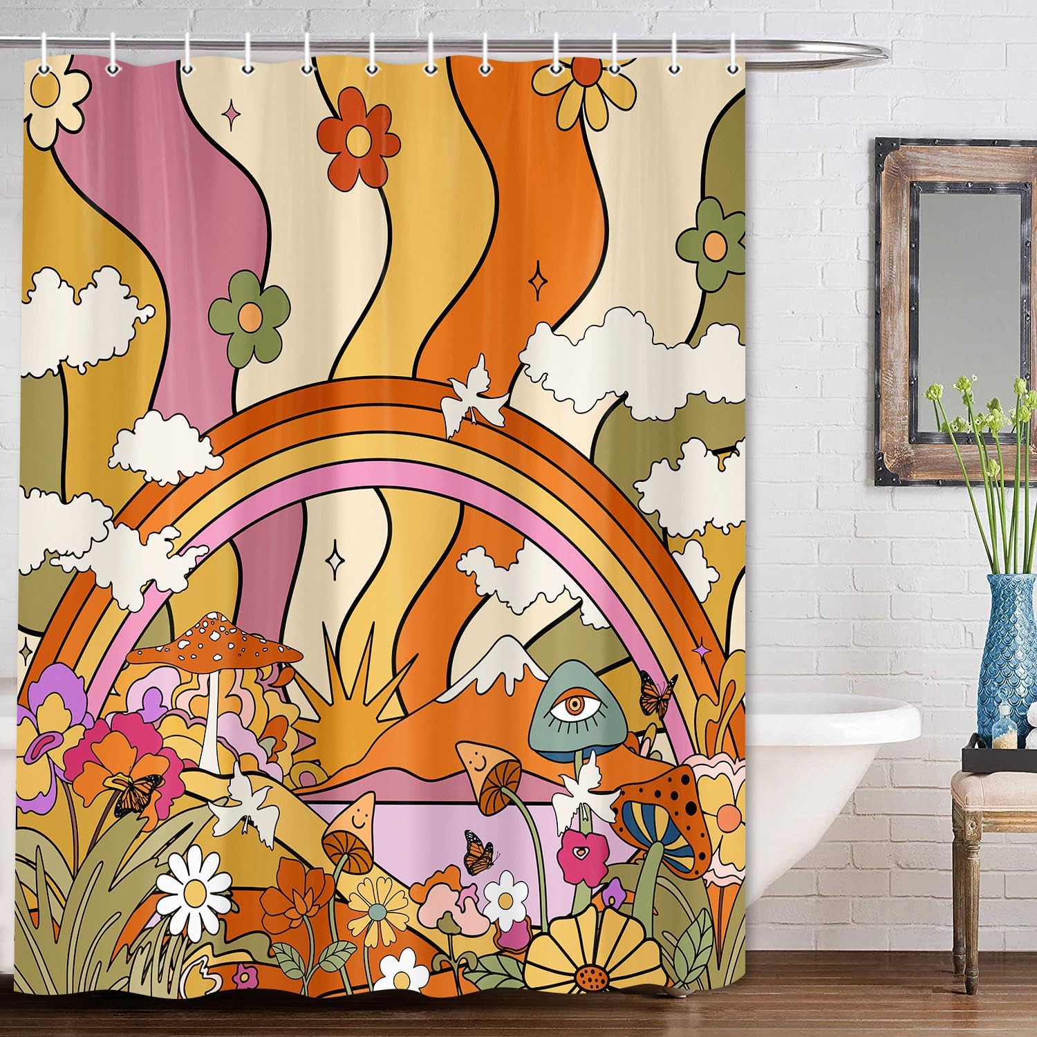 Cortina de ducha estilo japonés, estilo retro, bohemio, con diseño de hongos y flores, estilo japonés, juego de cortina de ducha estética con