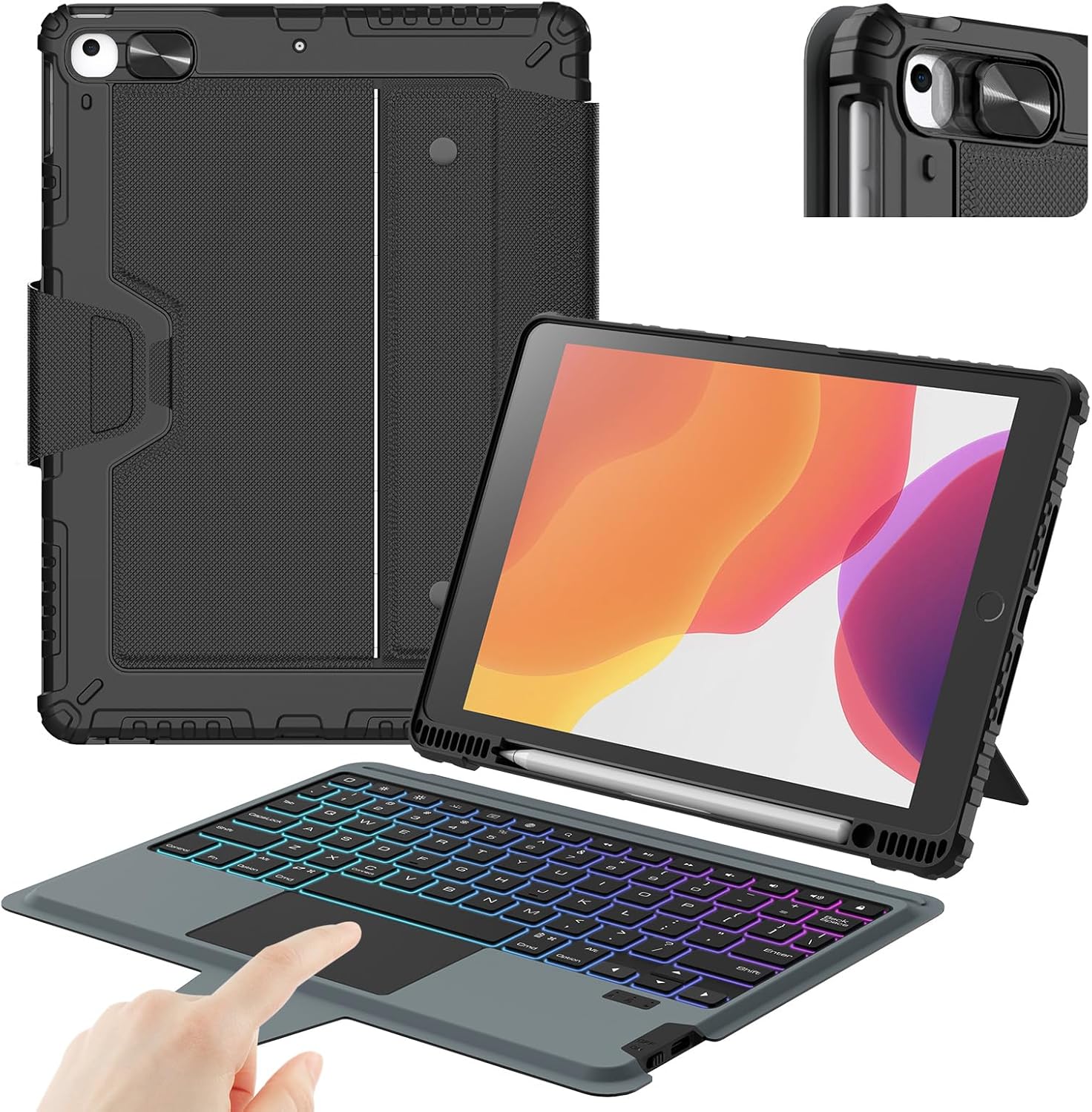 Nillkin Funda para iPad de 9 generación con teclado desmontable (10.2 pulgadas, 2021), 7 colores de retroiluminación, trackpad preciso, soporte para