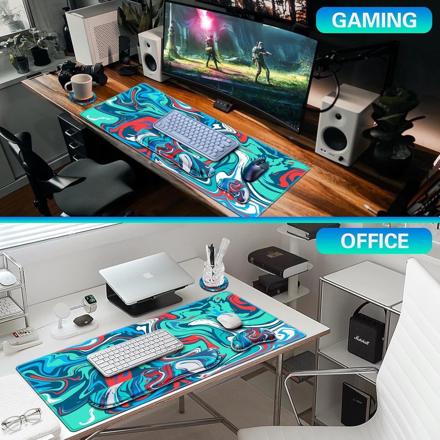 Canjoy Juego de alfombrillas de mouse para juegos, 4 en 1 XXL grande + reposamuñecas para teclado + posavasos (35.4 x 15.7 pulgadas), almohadilla de