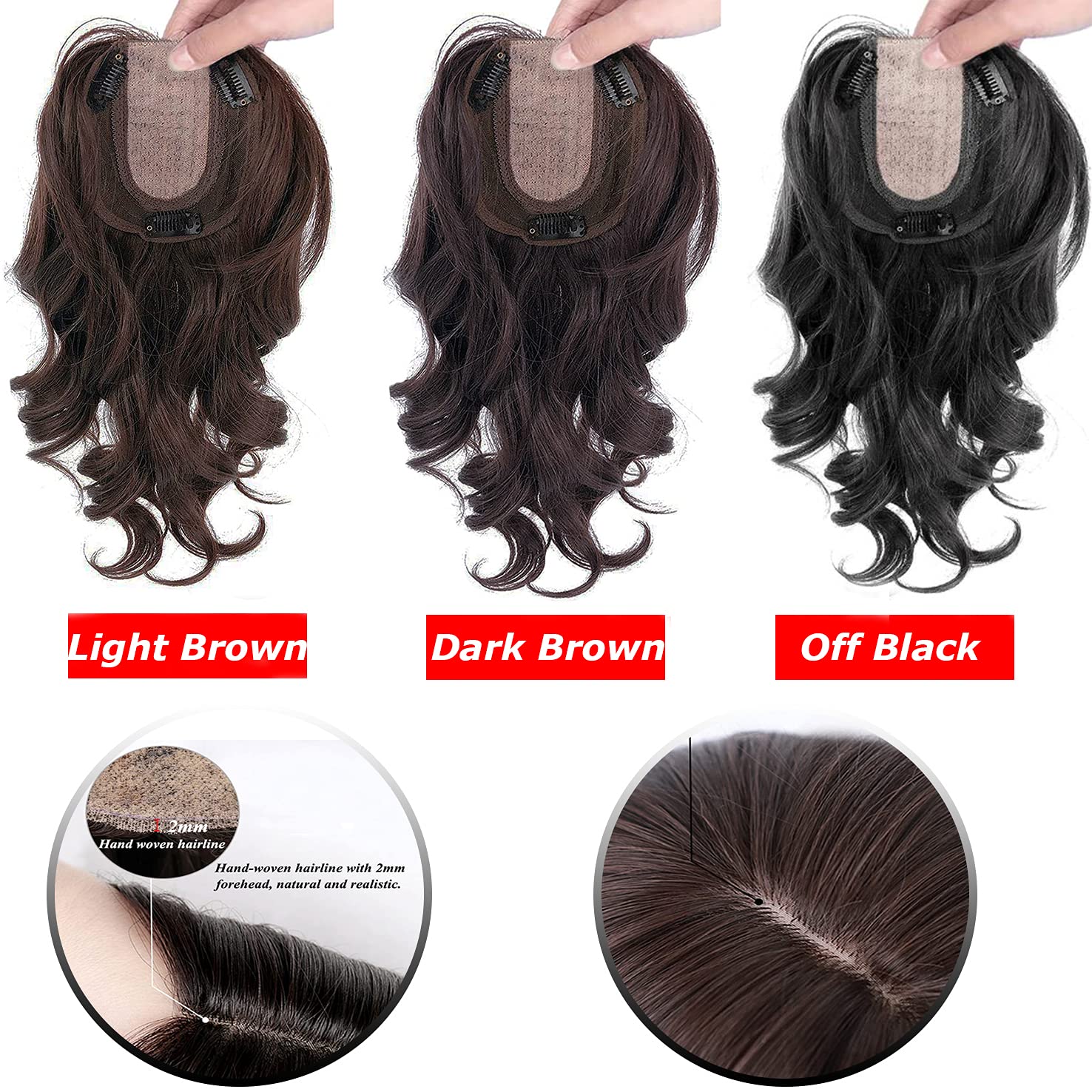 Peluquillos ondulados naturales de 14 pulgadas para mujer, 13.8 in x 4.7 pulgadas, parte media con clip en la corona, pieza de cabello marrón claro,