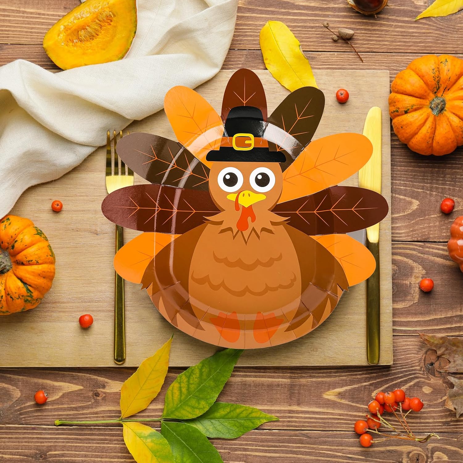 Whaline 24 platos de papel de Acción de Gracias, lindos platos desechables con forma de pavo, vajilla decorativa con patrón de pavo para otoño,